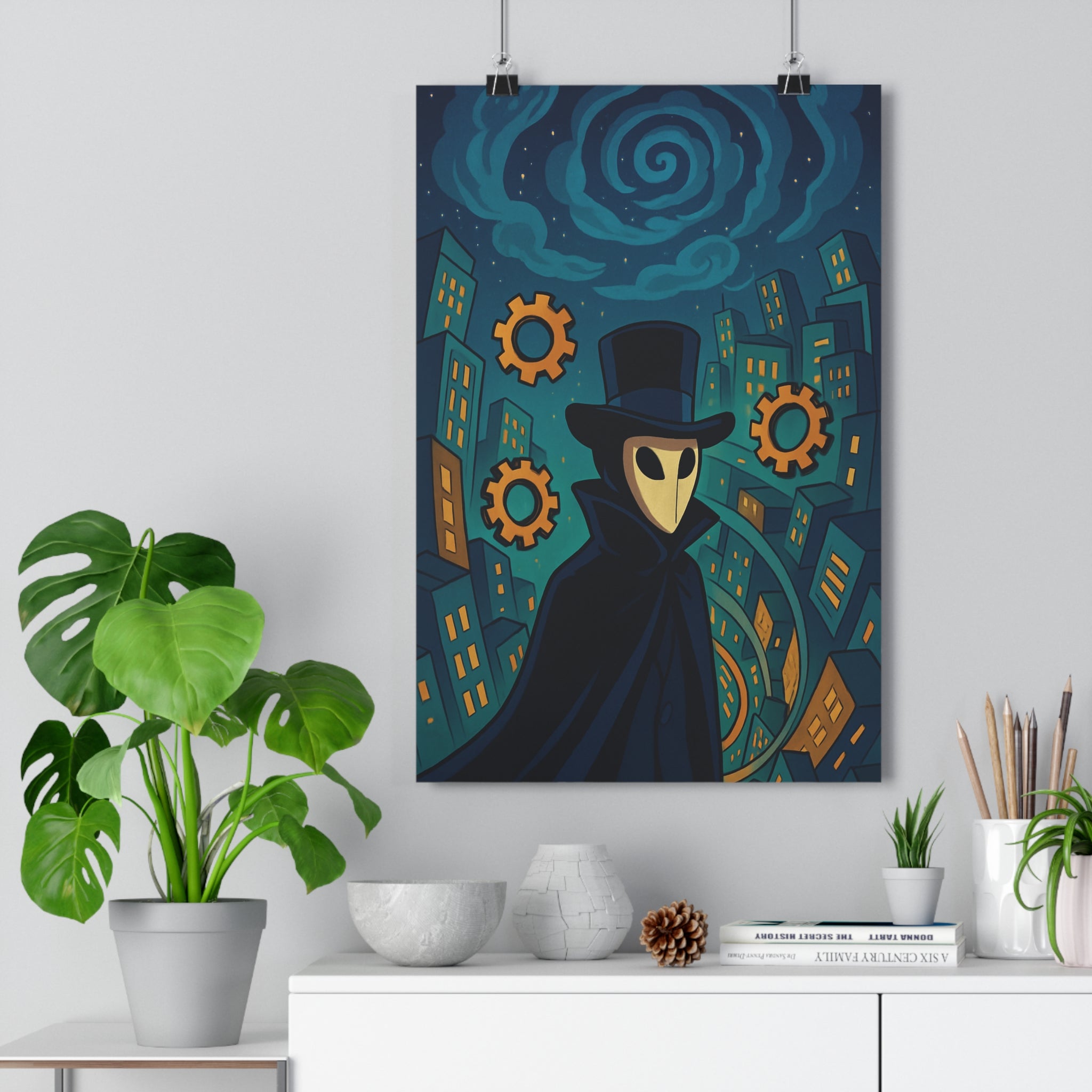 Poster décoratif mystérieux surréaliste bleu orange urbain chapeau masque salon chambre moderne mural qualité