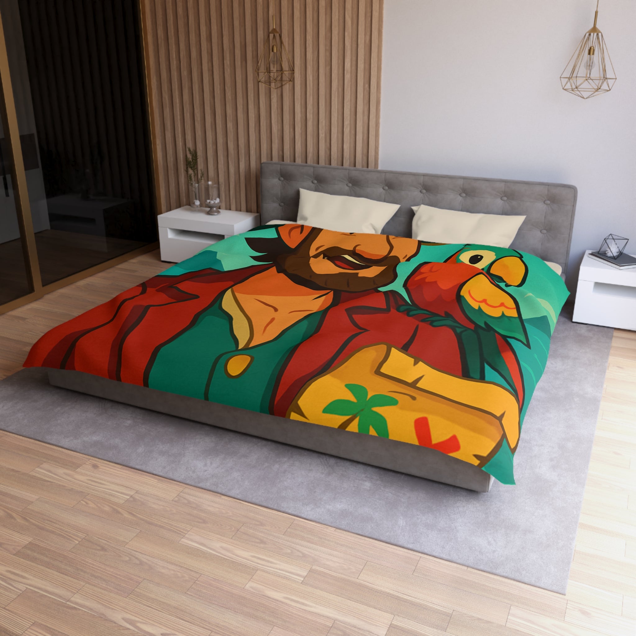 Housse de couette pirate aventurier avec perroquet coloré et carte au trésor illustrée