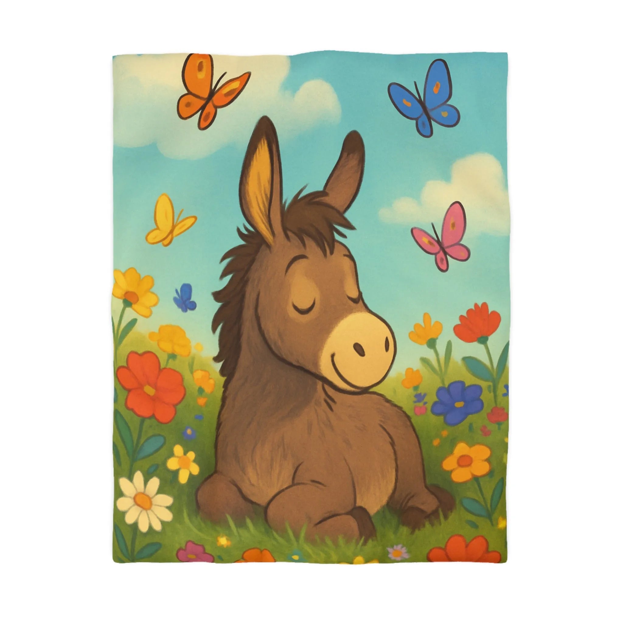 Housse de couette enfant Âne endormi, fleurs colorées et papillons dans un pré