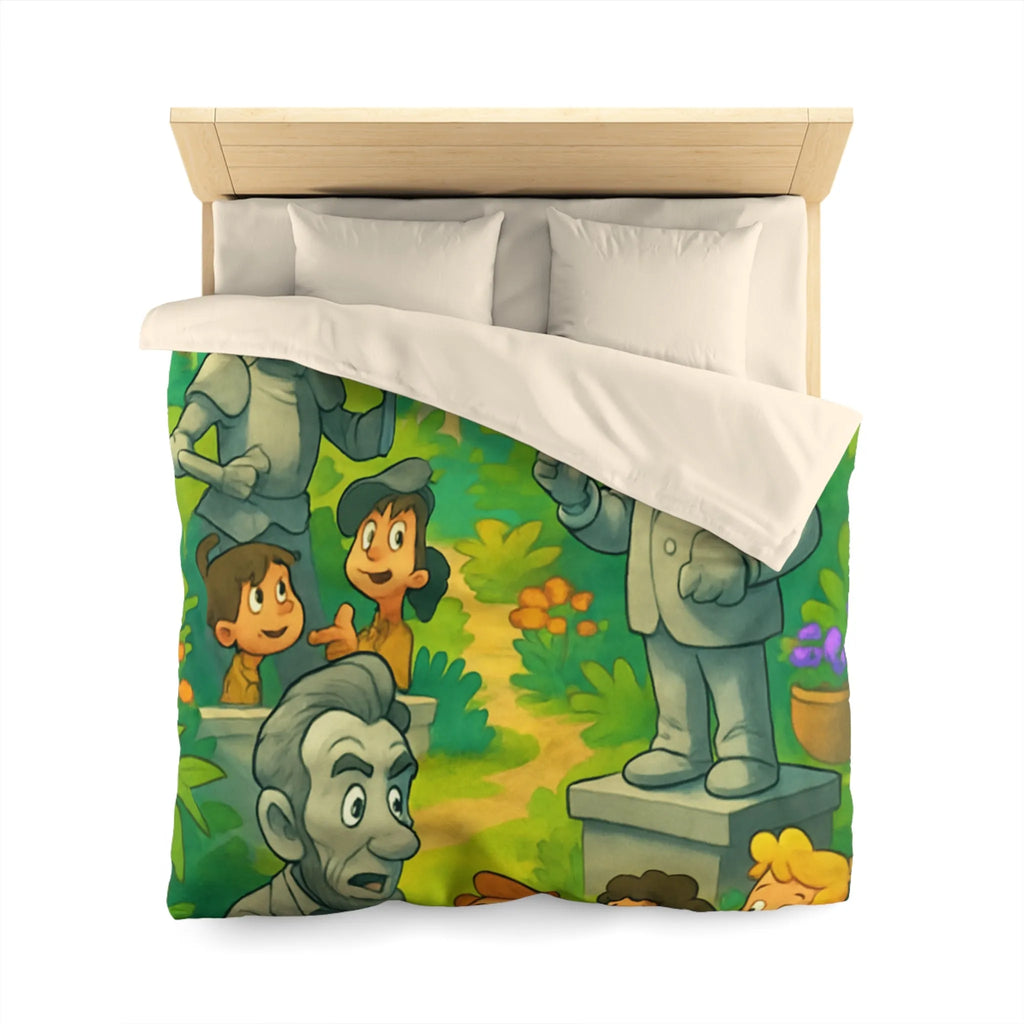 Housse de couette illustrée avec personnages historiques et enfants dans un jardin coloré