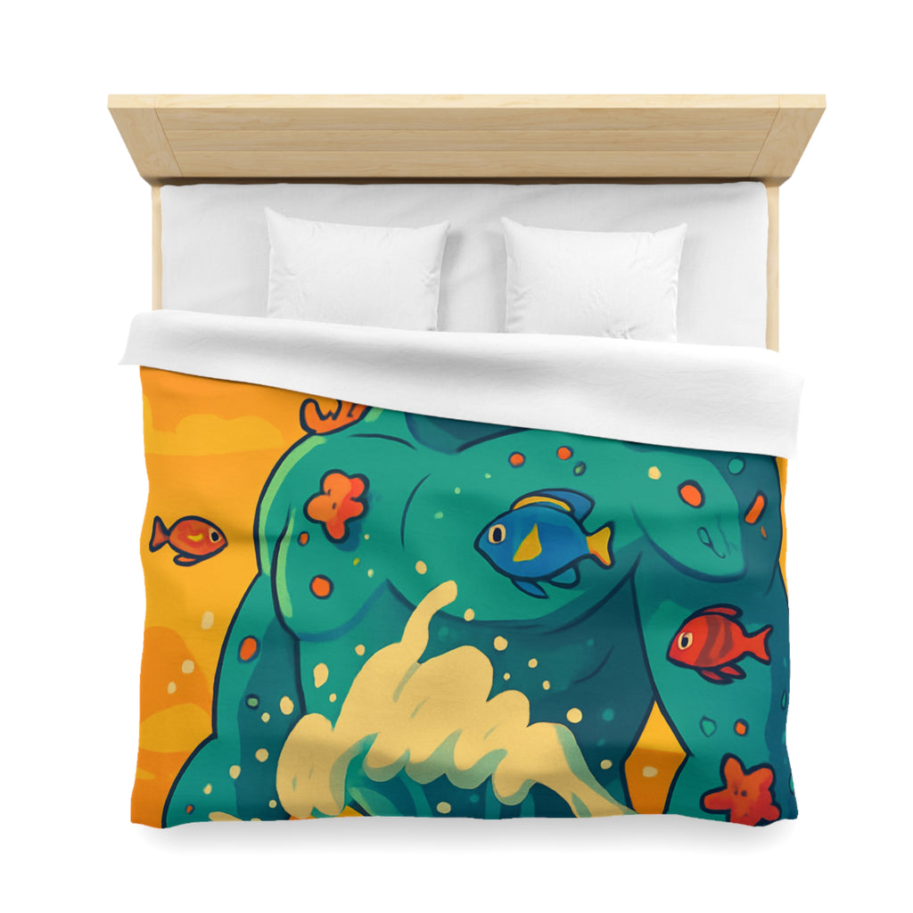 Housse de Couette Océanique avec Illustration Vibrante de Neptune et Poissons Multicolores