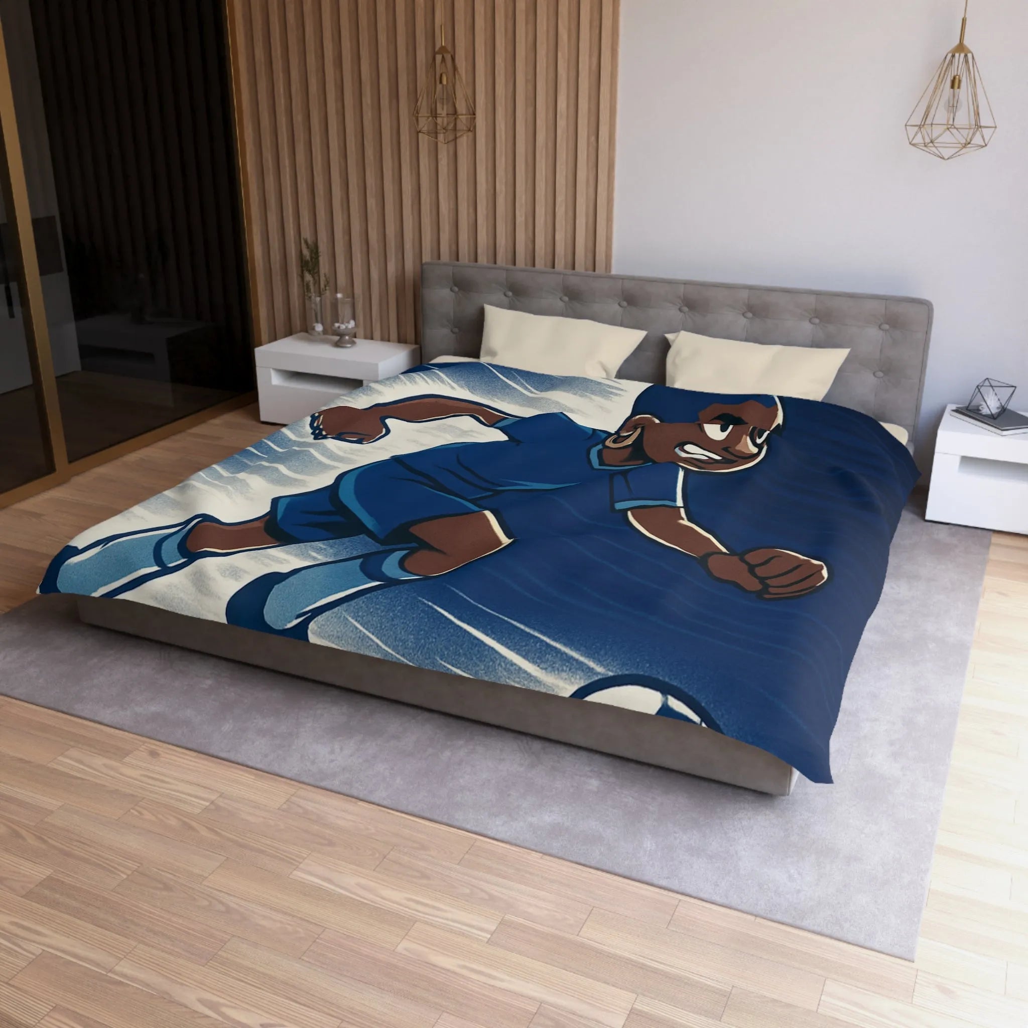 Housse de couette football dynamique garçon jouant au soccer style cartoon moderne bleu