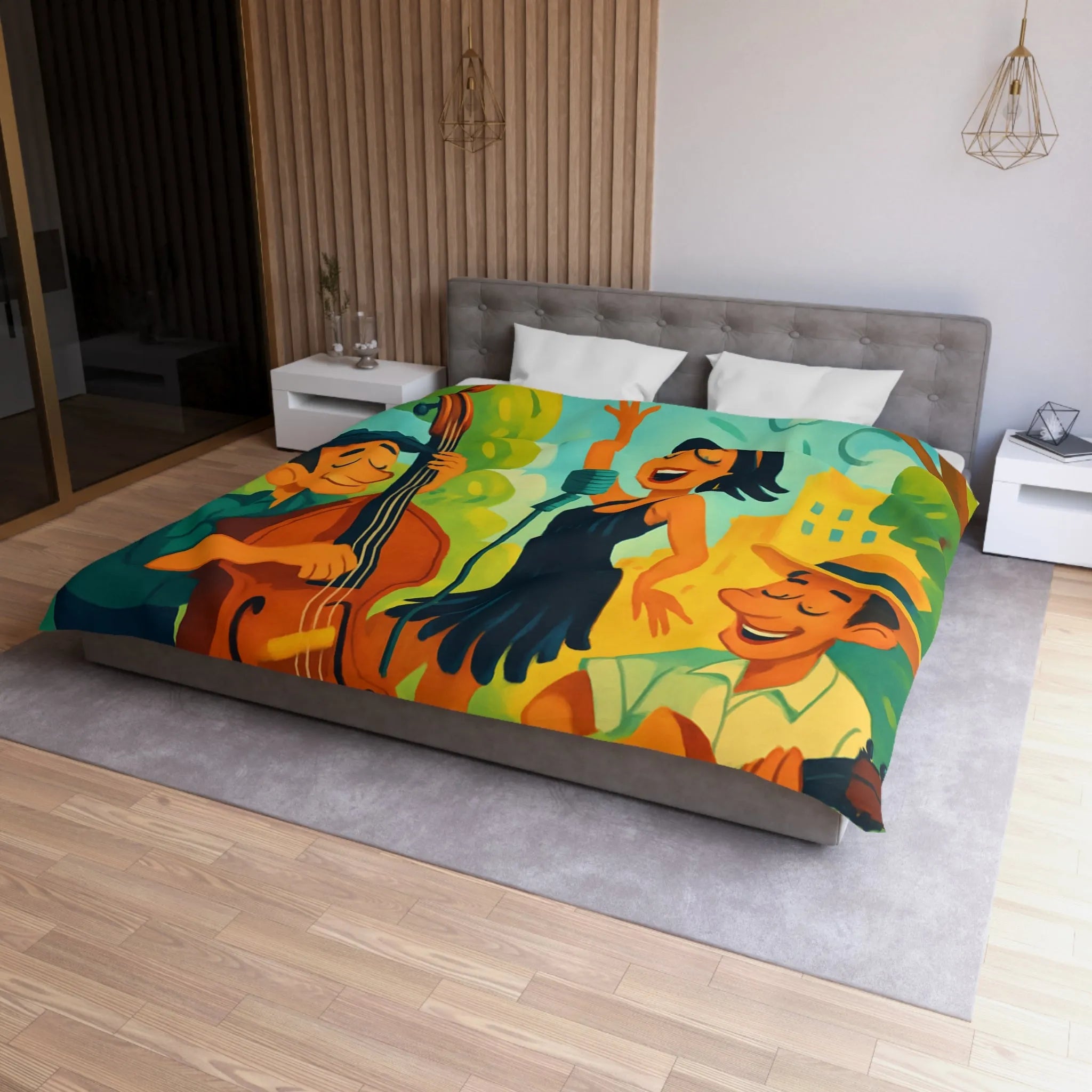 Housse de couette colorée avec scène musicale rétro dans un parc ensoleillé