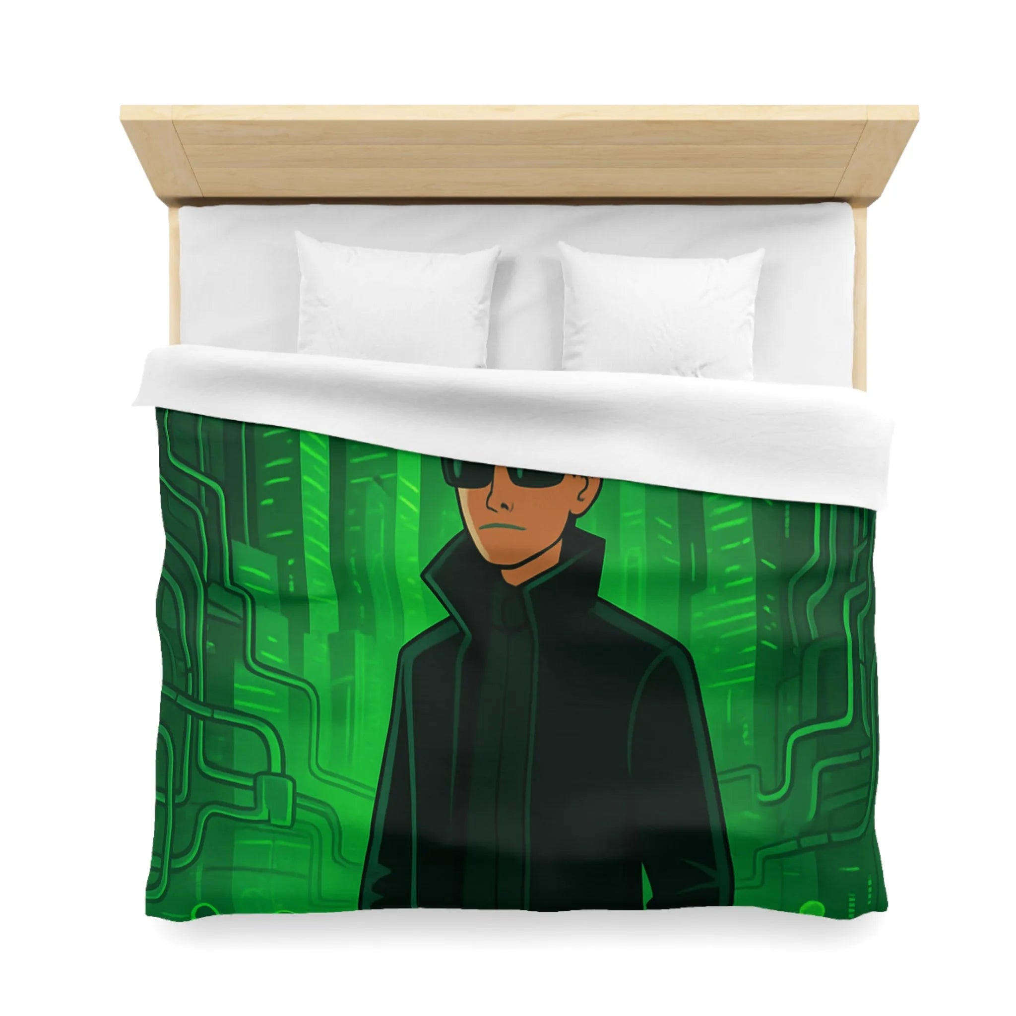 Housse de couette design futuriste vert avec motif personnage et ville numérique