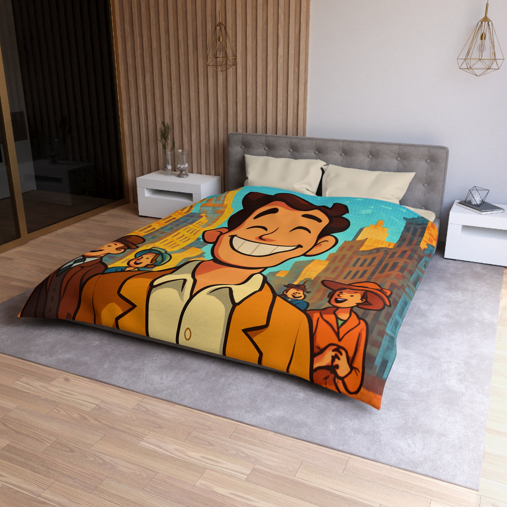 Housse de couette vintage avec personnages souriants et architecture urbaine en arrière-plan