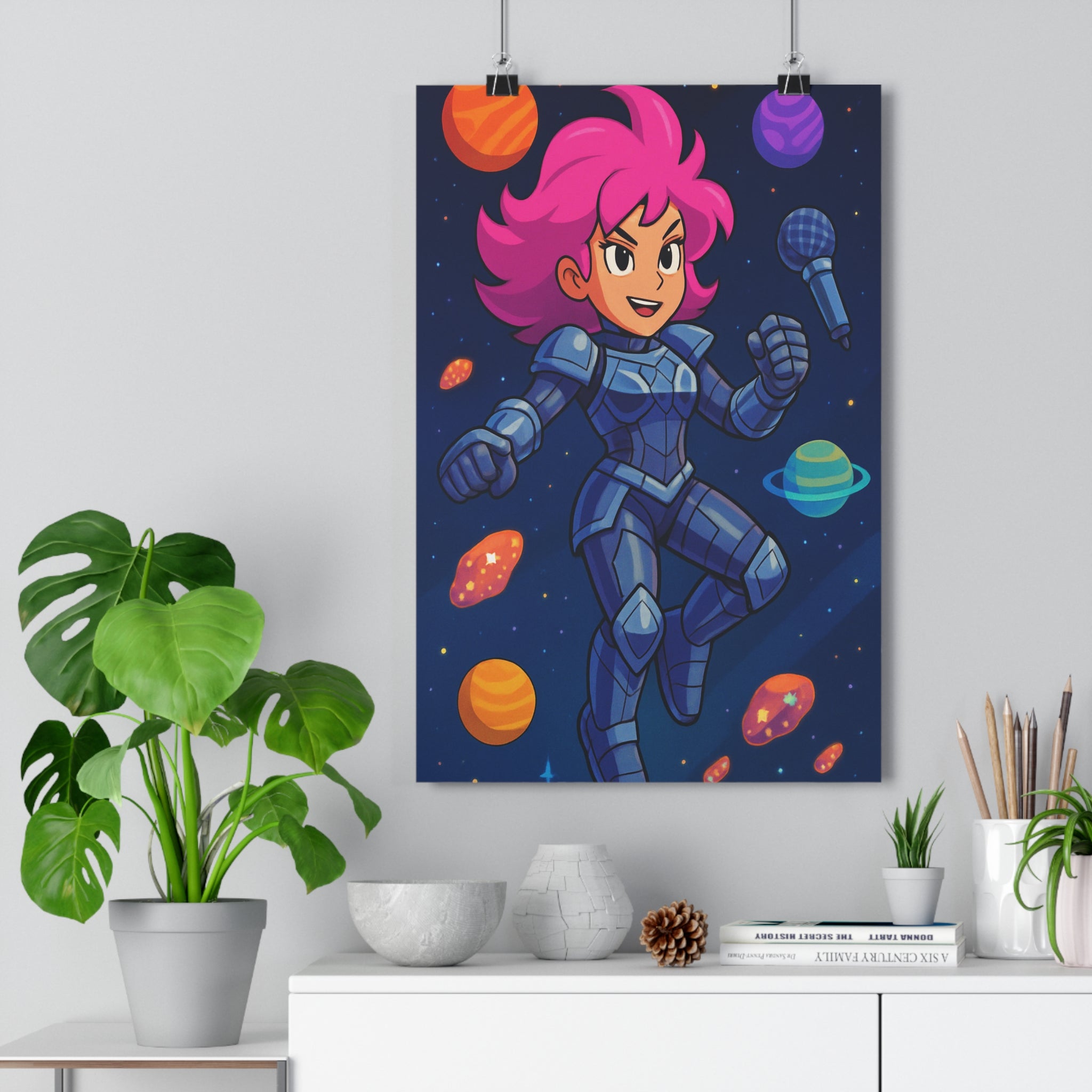 Poster décoratif futuriste rose bleu cartoon cosmique chambre aventure créatif dynamique espace moderne 30x46
