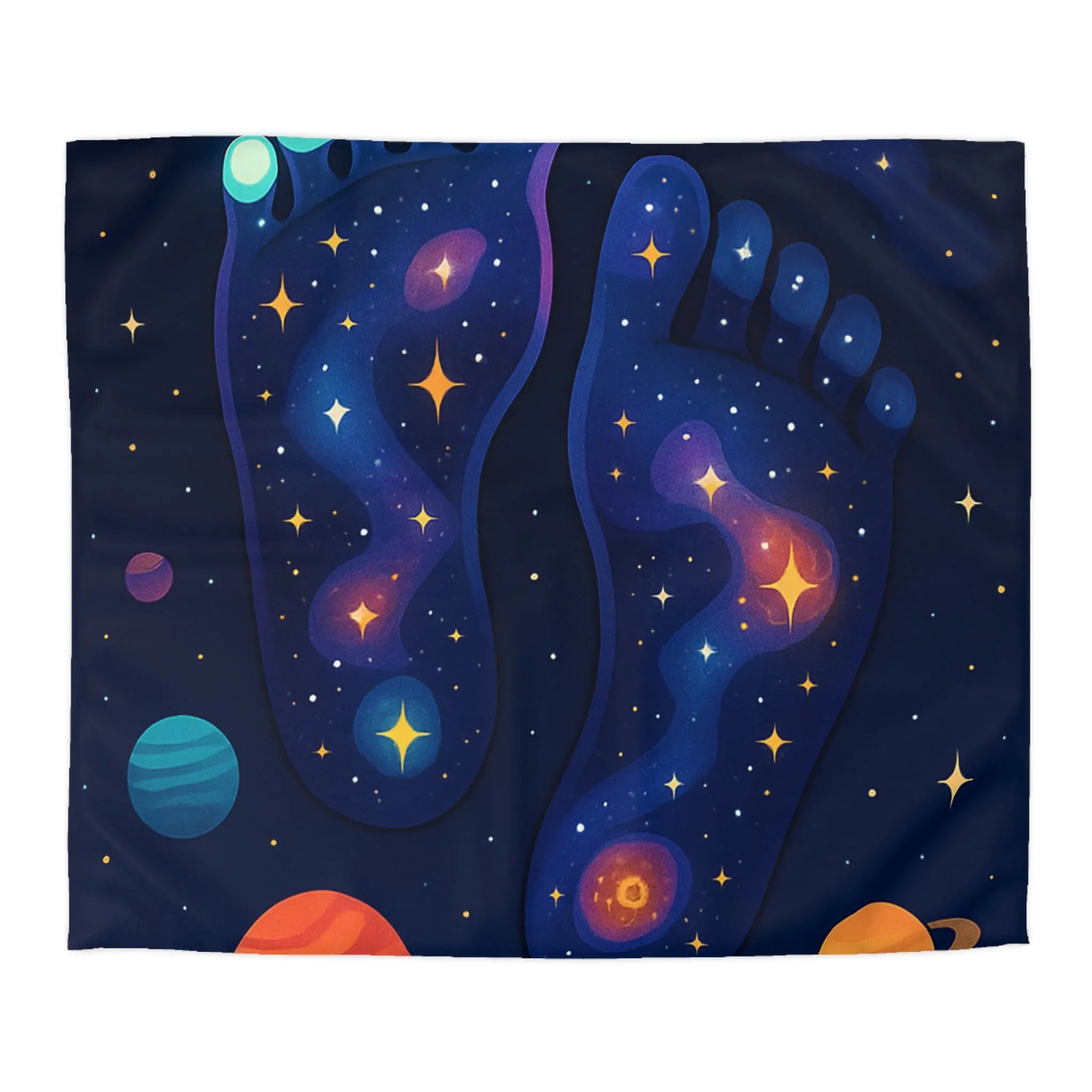 Housse de Couette Cosmos Enchanté avec Motifs de Pieds Galactiques Étincelants et Planètes