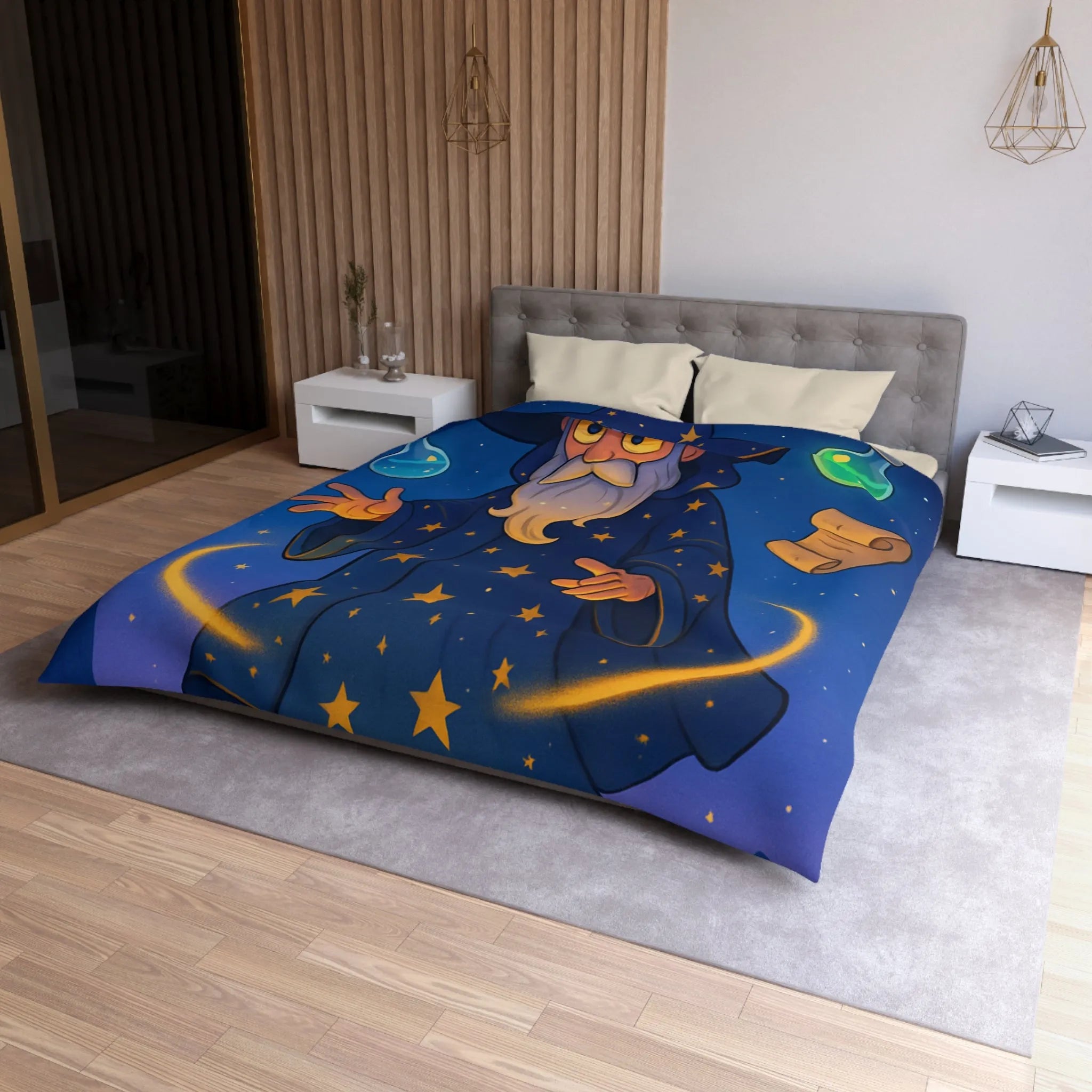 Housse de Couette Magicien Étoilé avec Parchemins Enchantés et Fioles Lumineuses