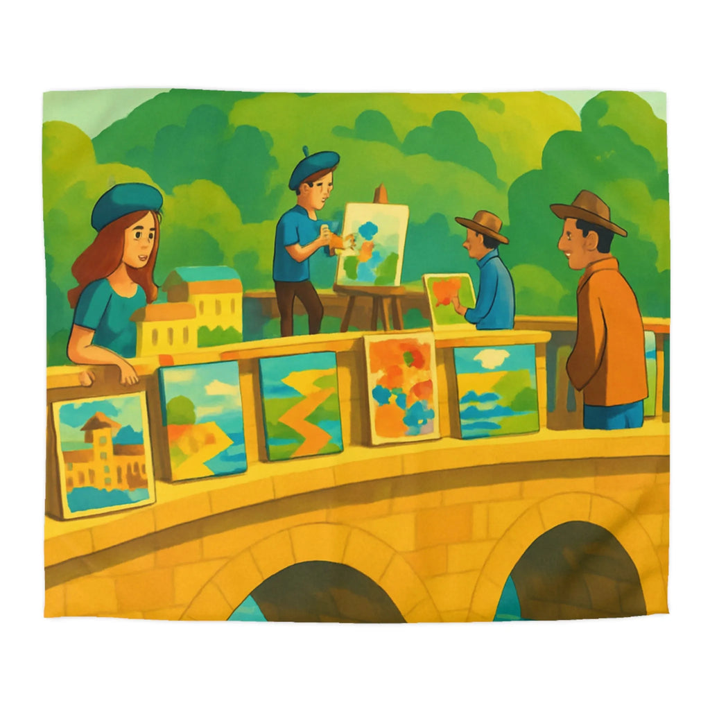 Housse de couette colorée thème pont artistique avec moulins à vent et paysage