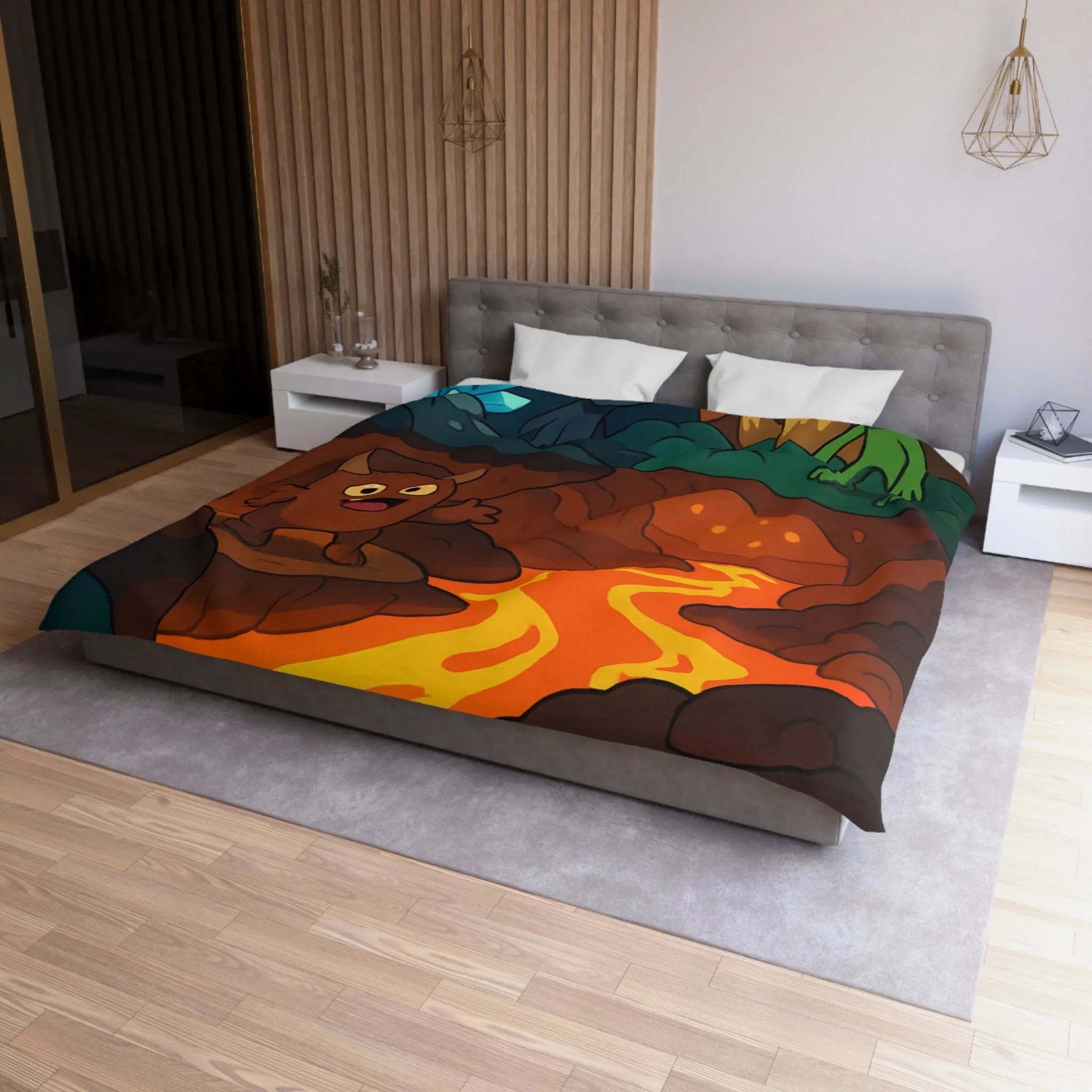 Housse de Couette Enfant Paradis Souterrain Magique avec Créatures Mystiques et Cristaux Lumineux