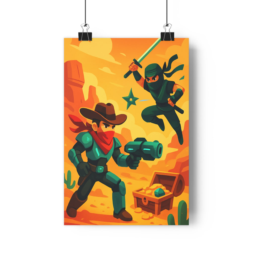 Poster décoratif duel cowboy ninja désert aventure couleurs vives moderne chambre salon bureau tendance