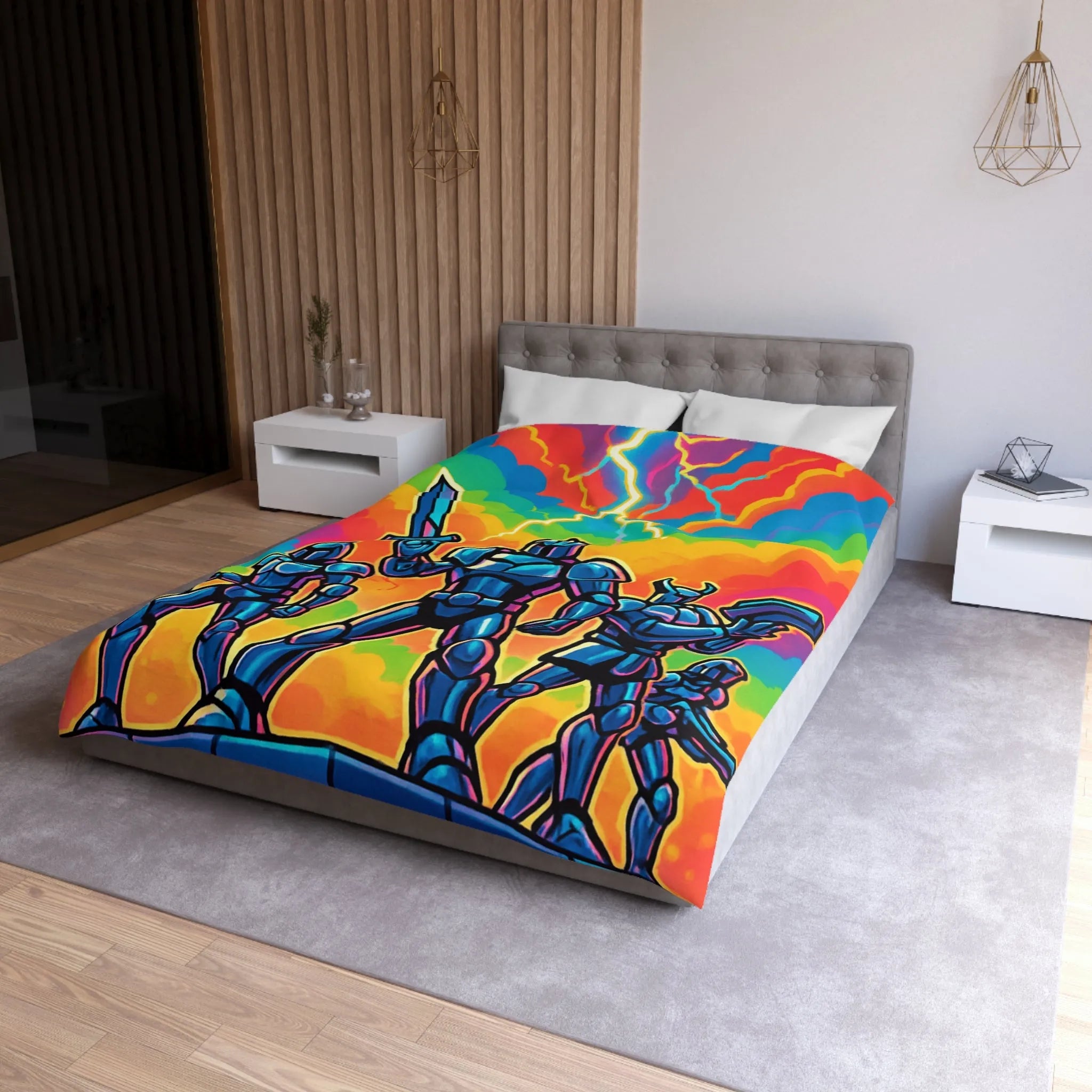 Housse de Couette Chevaliers Futuristes avec Épées et Fond Arc-En-Ciel Électrisant
