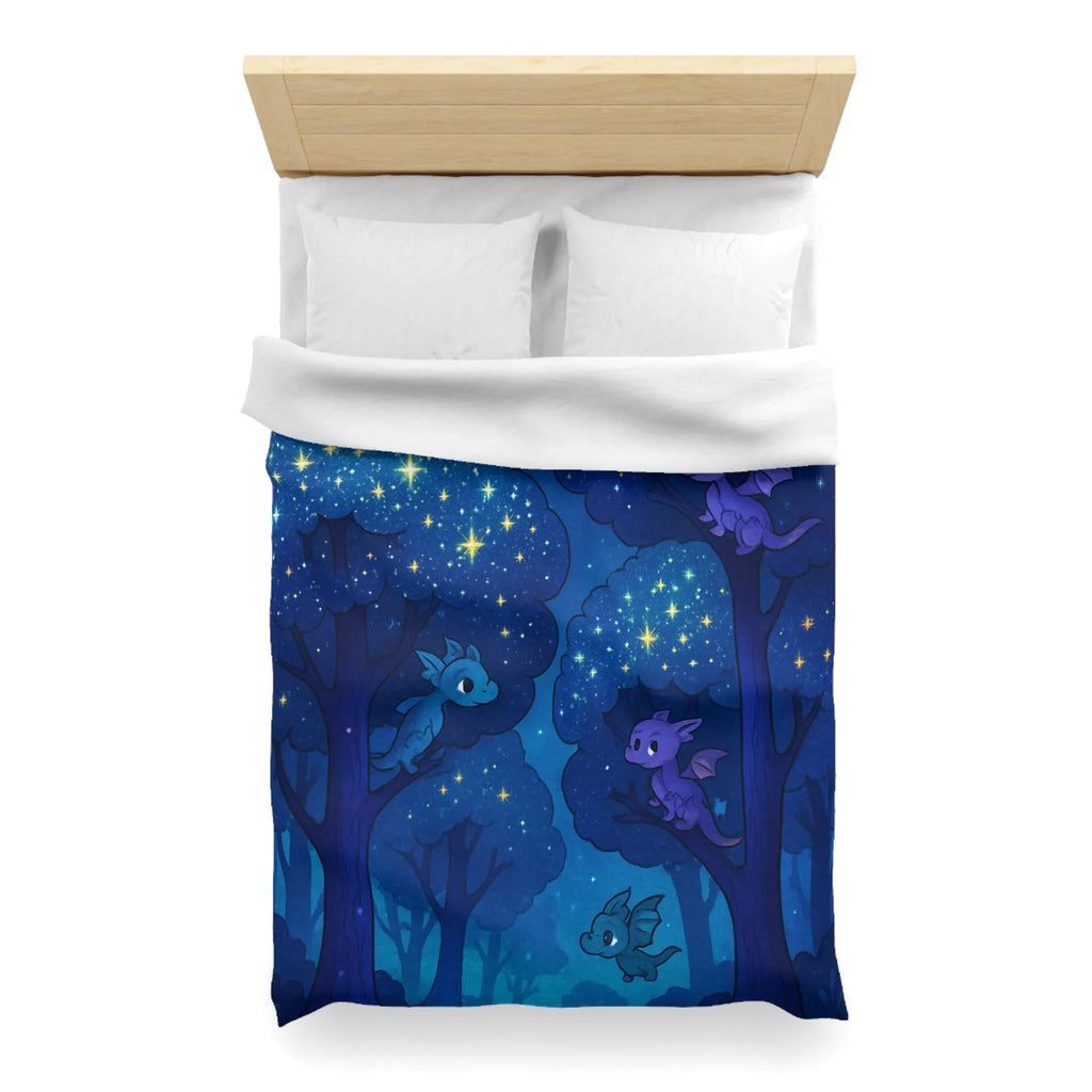 Housse de couette forêt nocturne enchantée avec dragons colorés et ciel étoilé