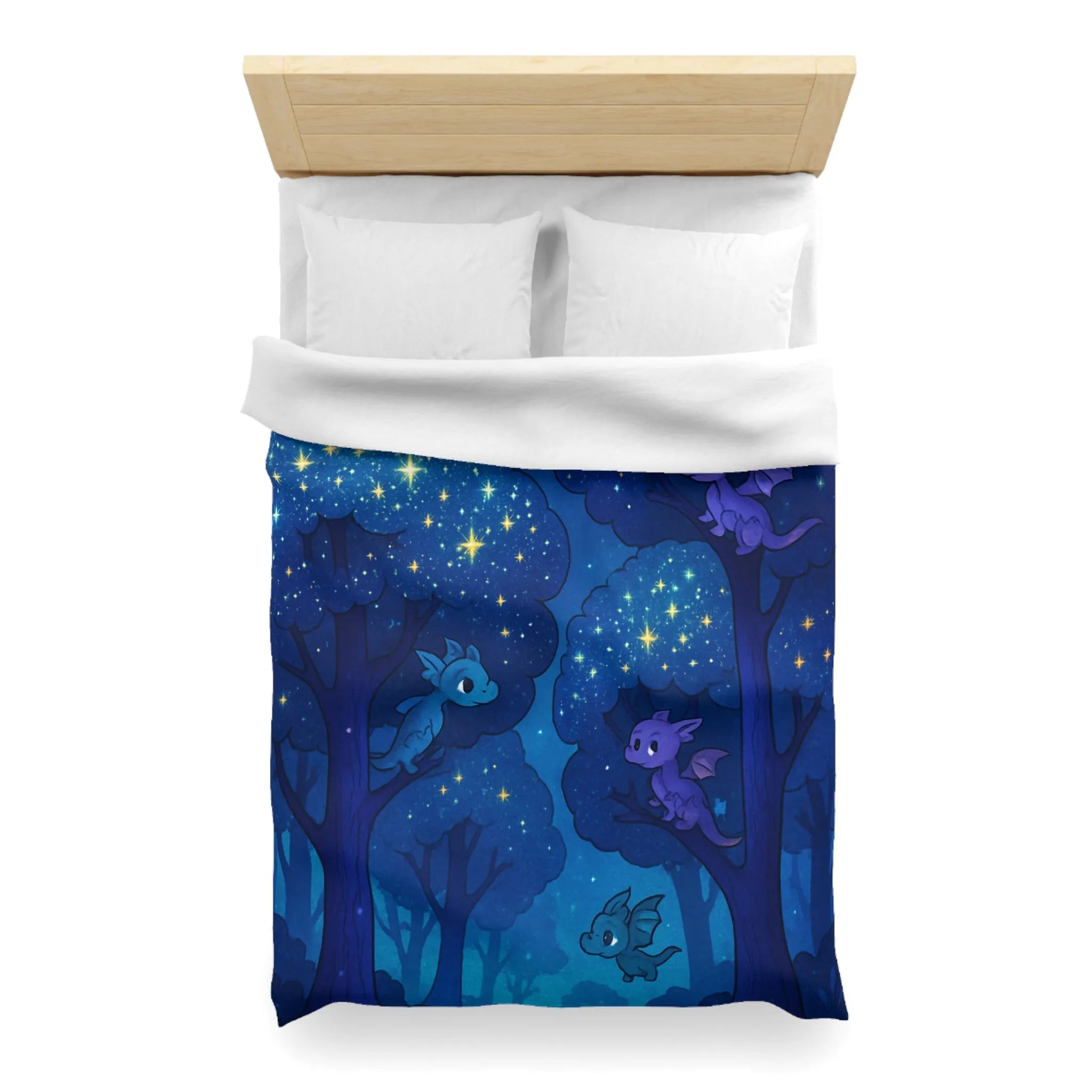 Housse de couette forêt nocturne enchantée avec dragons colorés et ciel étoilé
