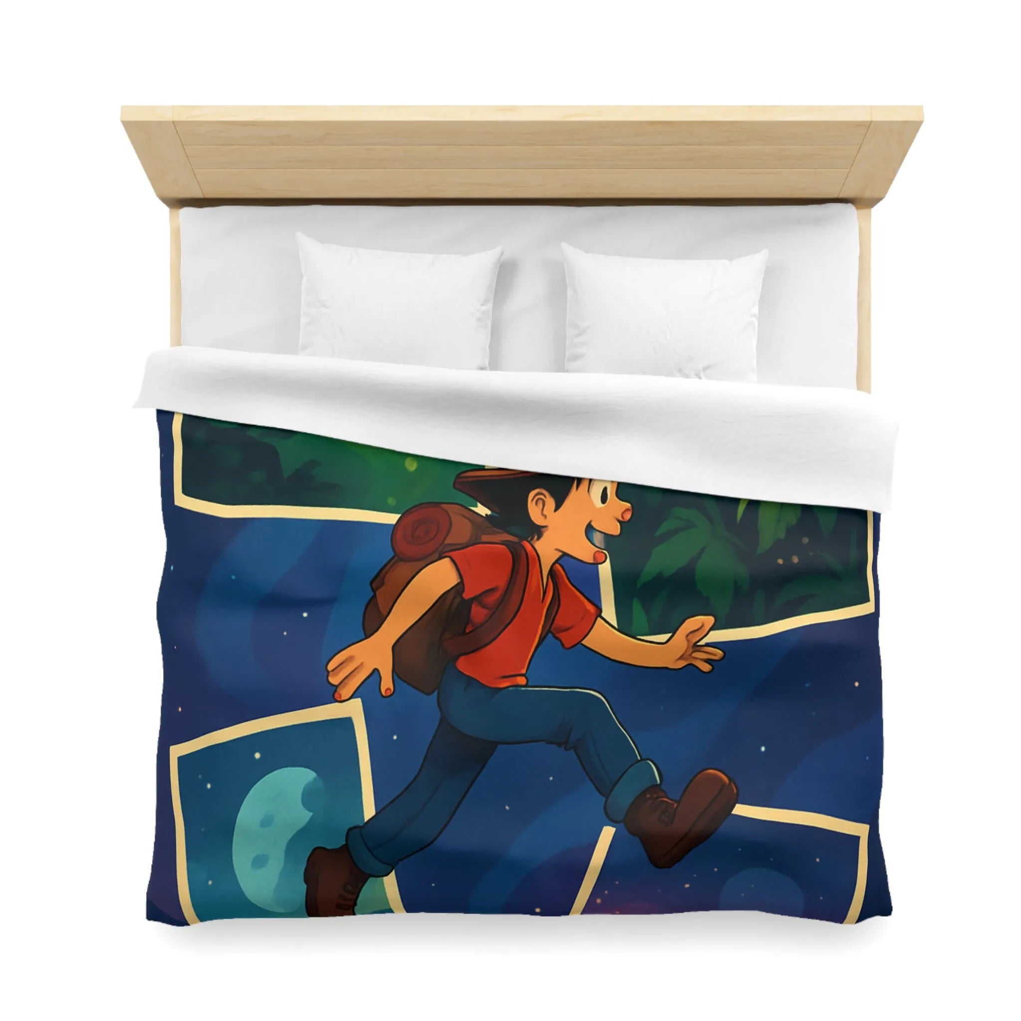 Housse de couette colorée avec illustrations d'aventure forêt, ville, désert, espace