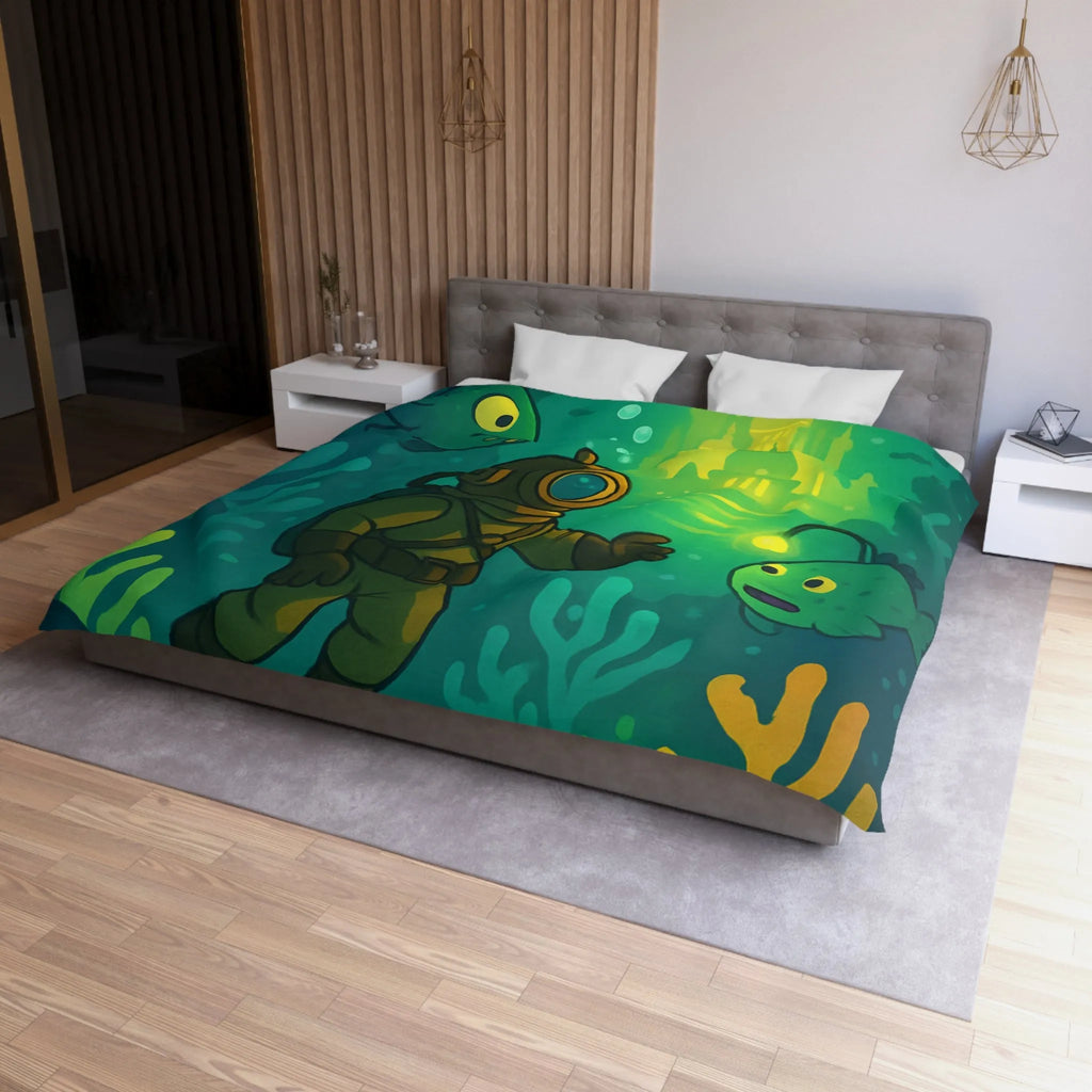 Décor de lit avec scaphandrier et poissons lumineux dans une cité sous-marine fantastique