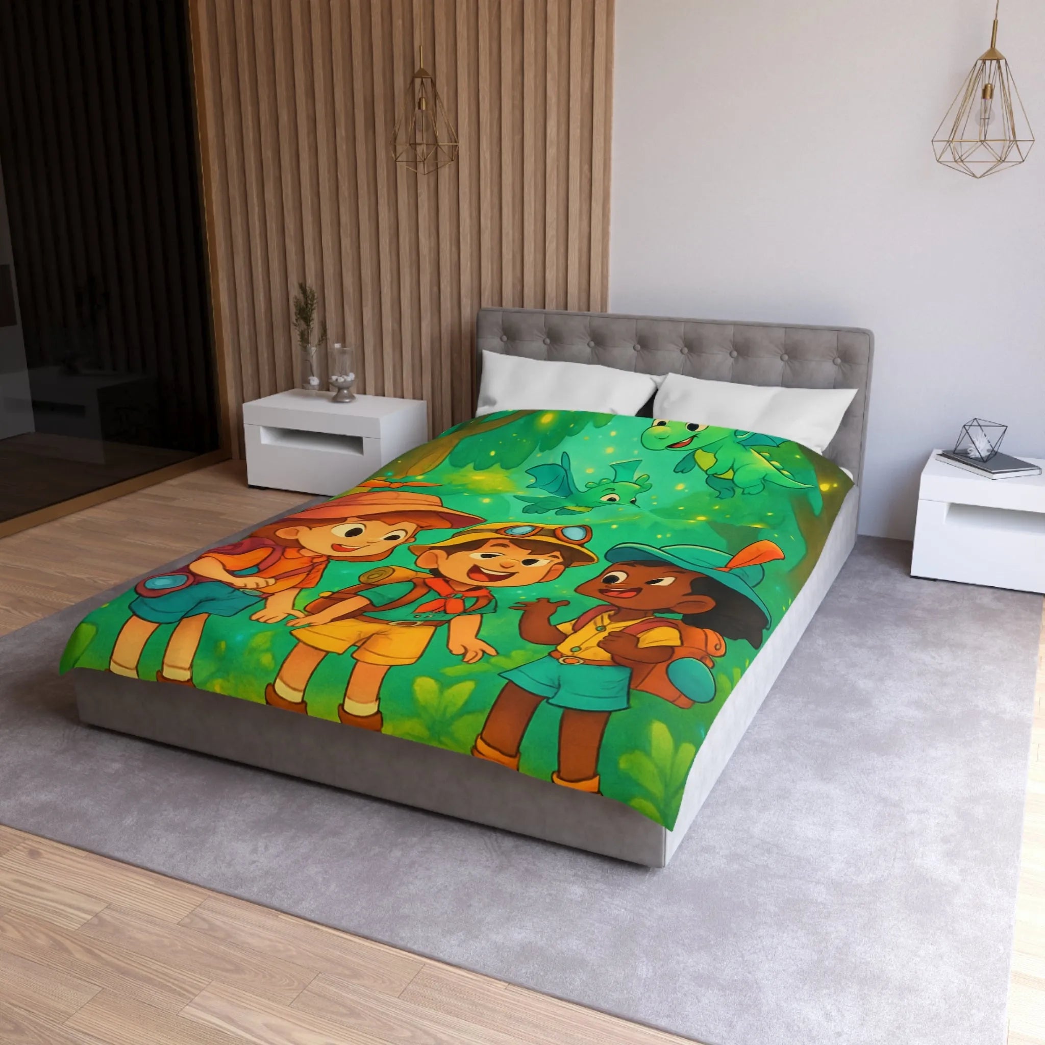 Housse de couette enfants aventure forêt avec dragons et jeunes explorateurs joyeux