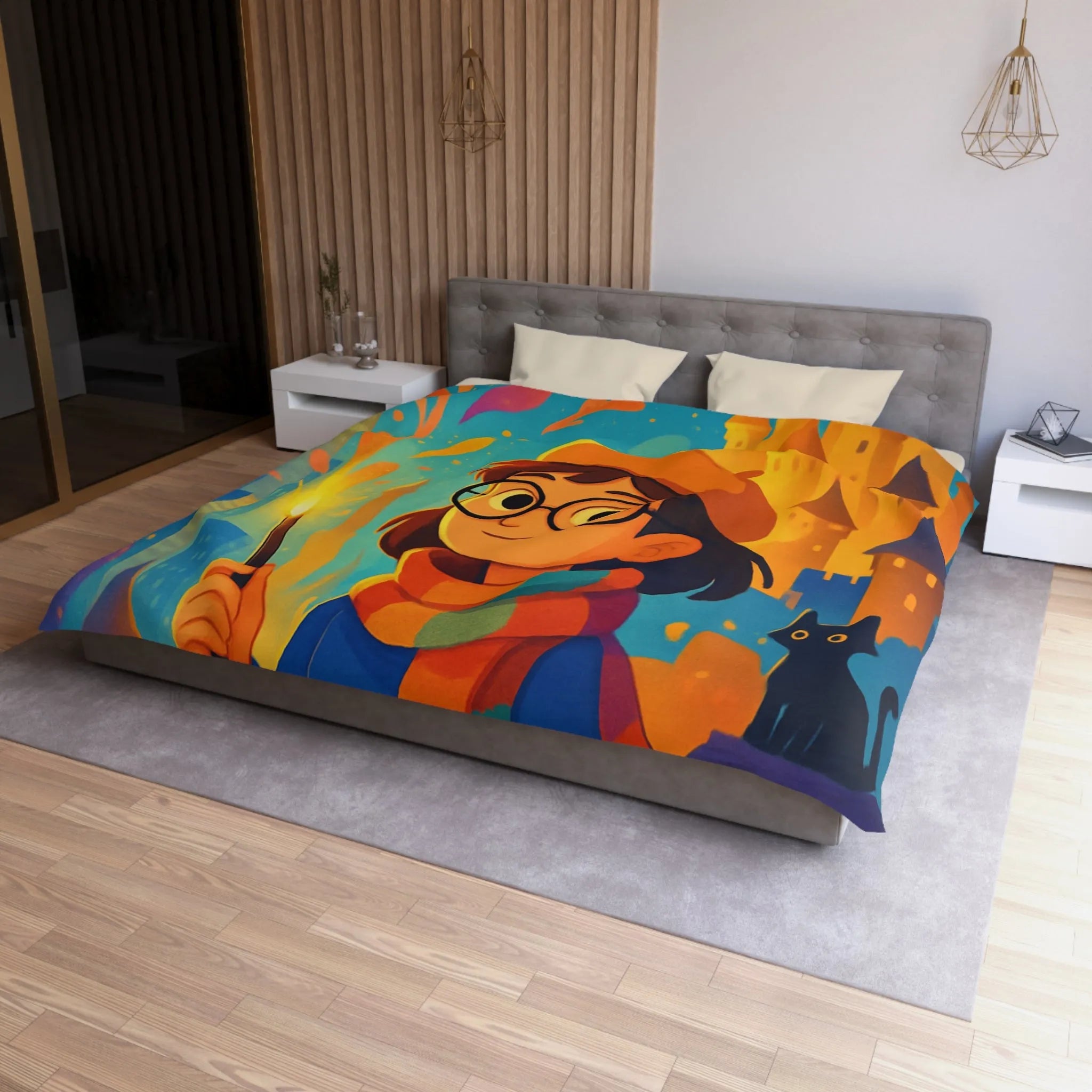 Housse de Couette Éclatante: Jeune Magicienne aux Couleurs Vives et Château Mystérieux