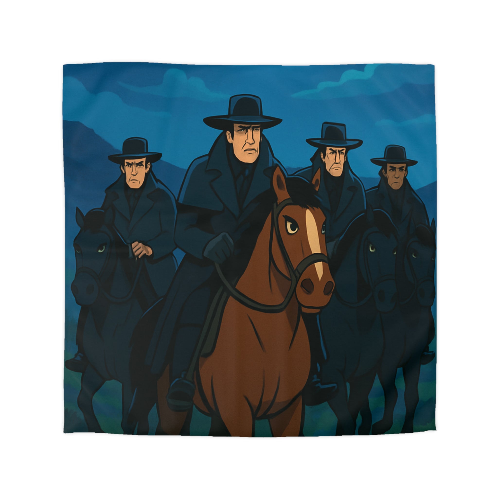 Housse de couette paysage nocturne cavalier sur cheval brun sous lune pleine