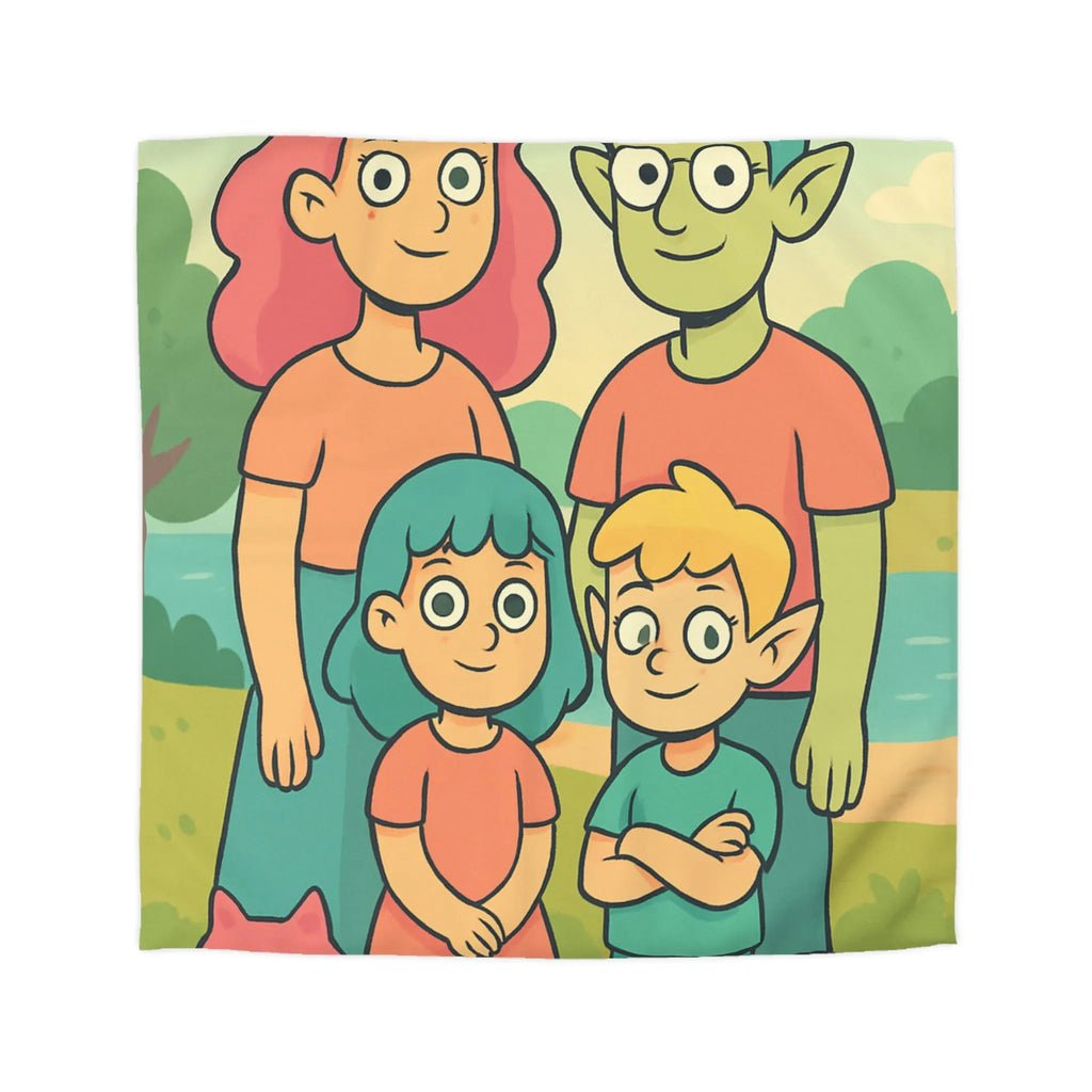 Housse de couette chaleureuse illustrant une famille enchantée et ses animaux compagnons ludiques