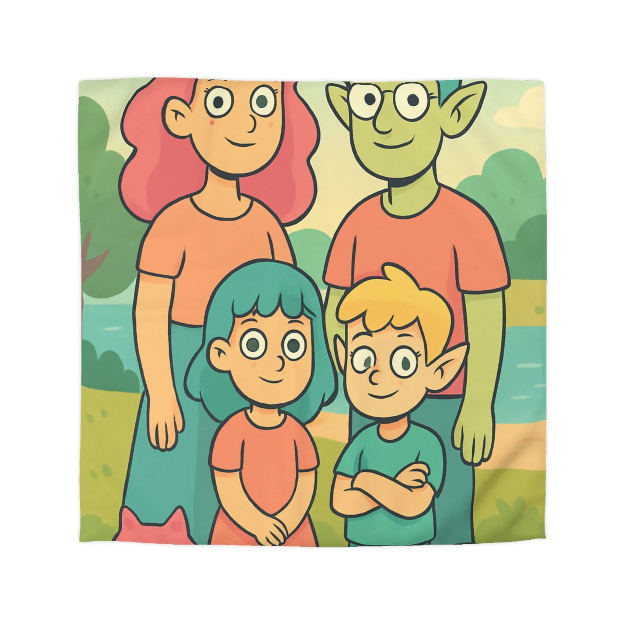 Housse de couette chaleureuse illustrant une famille enchantée et ses animaux compagnons ludiques