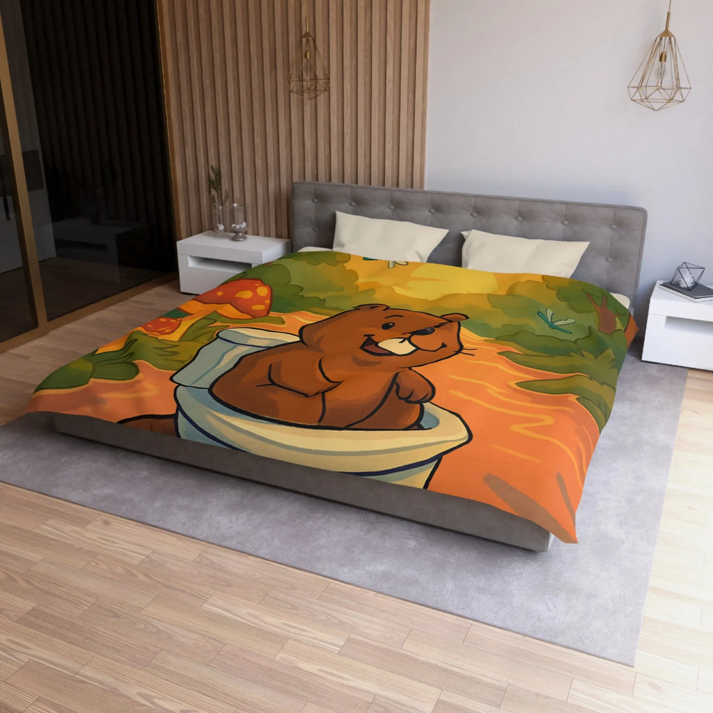 Housse de Couette Enfant Animée avec Castor Amusant et Paysage de Forêt Enchantée