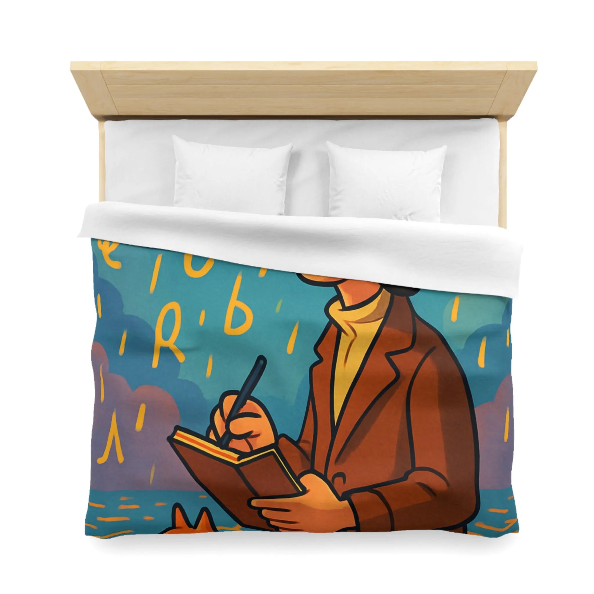 Housse de Couette Artiste Rêveur avec Chat et Pluie de Lettres Colorées