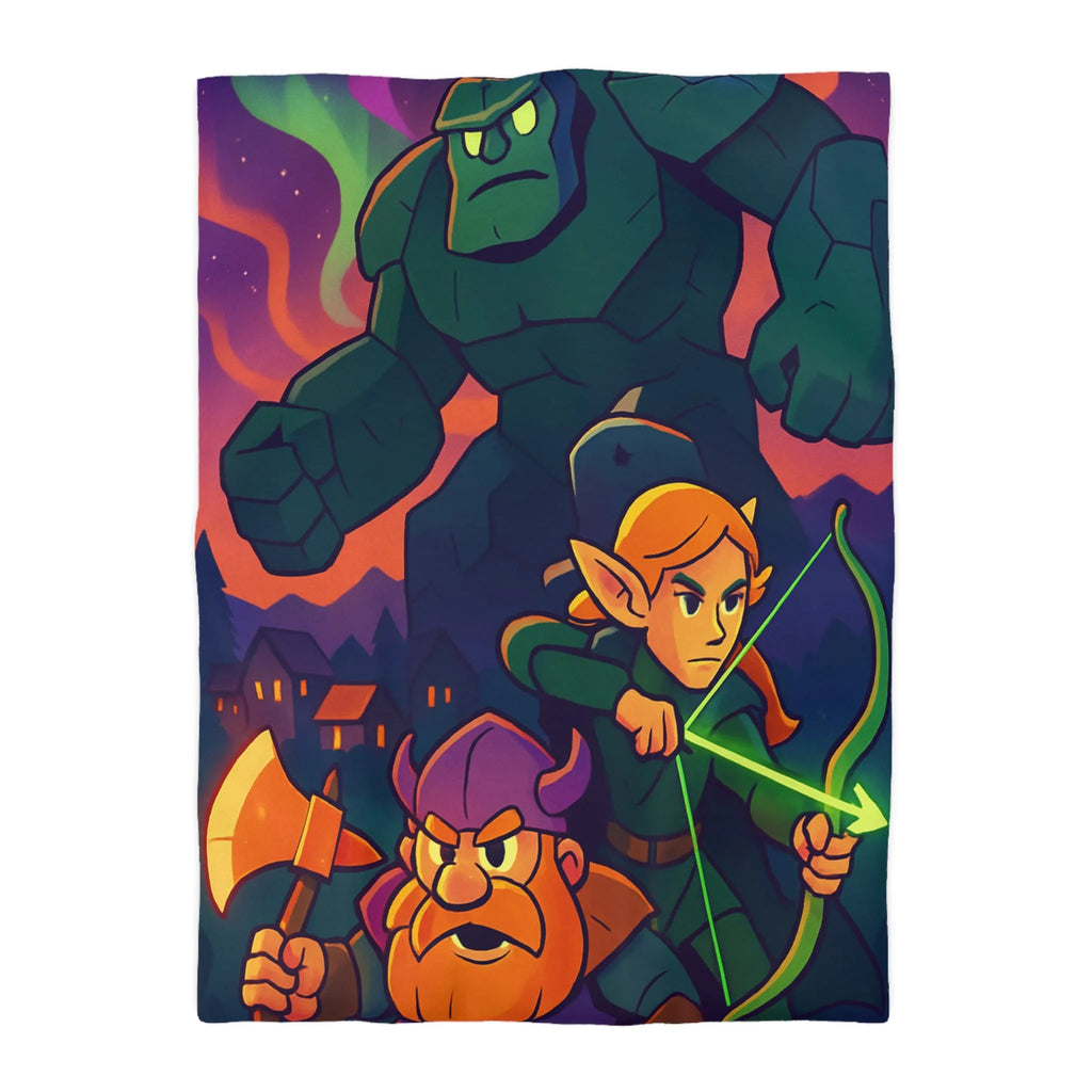 Housse de Couette Fantastique avec Guerrier, Archer et Golem sous Aurores Boréales Éclatantes