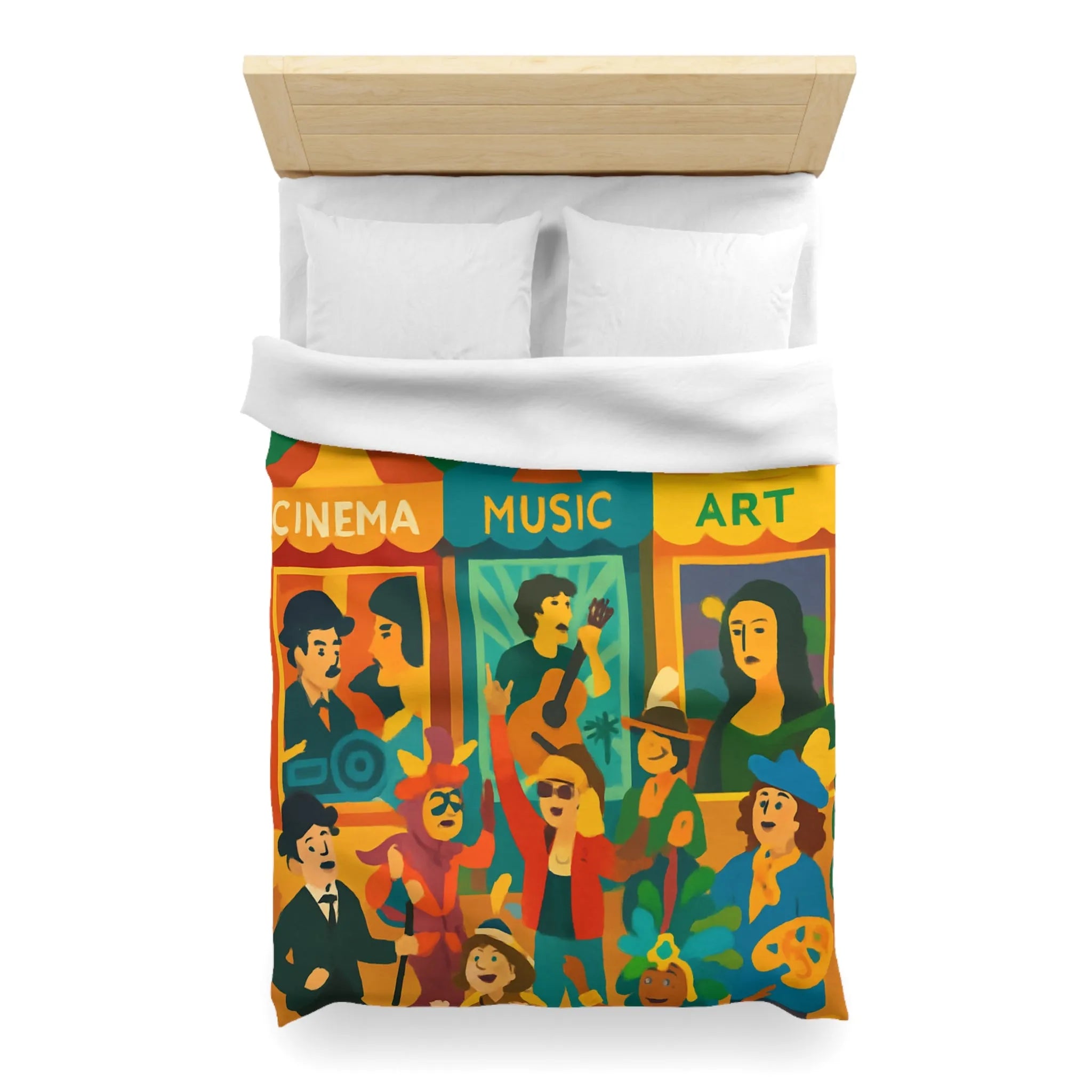 Housse de couette colorée avec motifs cinéma, musique et art, ambiance festive bohème