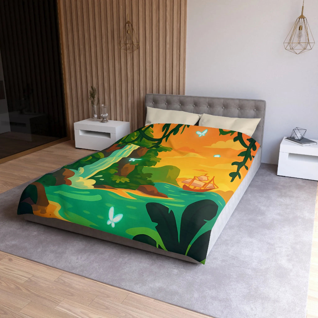 Housse de couette exotique avec cascade, papillons lumineux et bateau au coucher du soleil