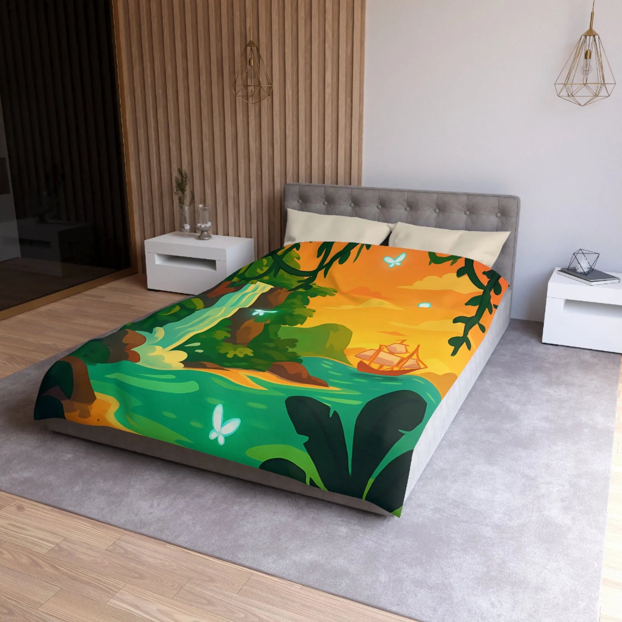 Housse de couette exotique avec cascade, papillons lumineux et bateau au coucher du soleil
