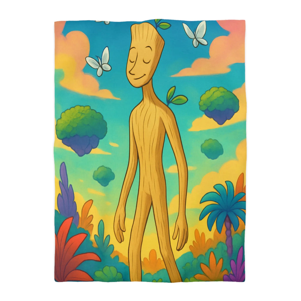 Housse de couette enchanteresse avec paysage coloré, créature en bois et papillons