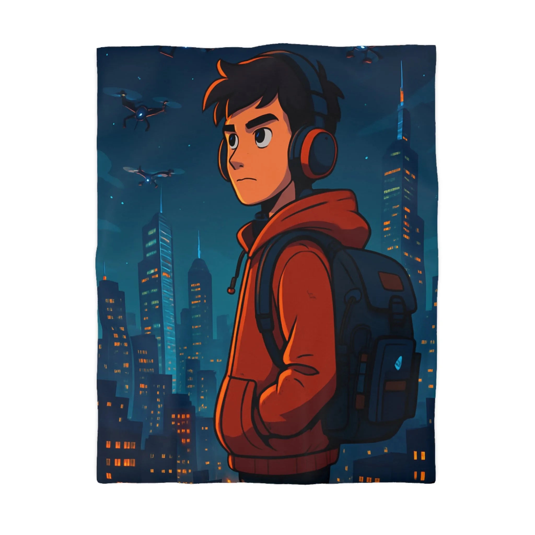 Housse de couette ado moderne nocturne avec personnage urbain et drones dans le ciel