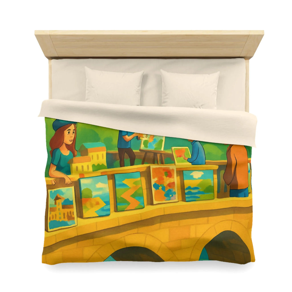 Housse de couette colorée thème pont artistique avec moulins à vent et paysage