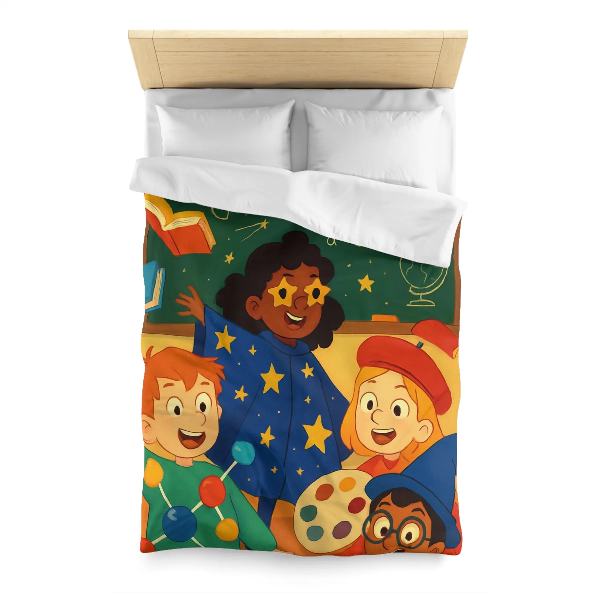Housse de couette éducative colorée avec enfants et univers de l'apprentissage joyeux