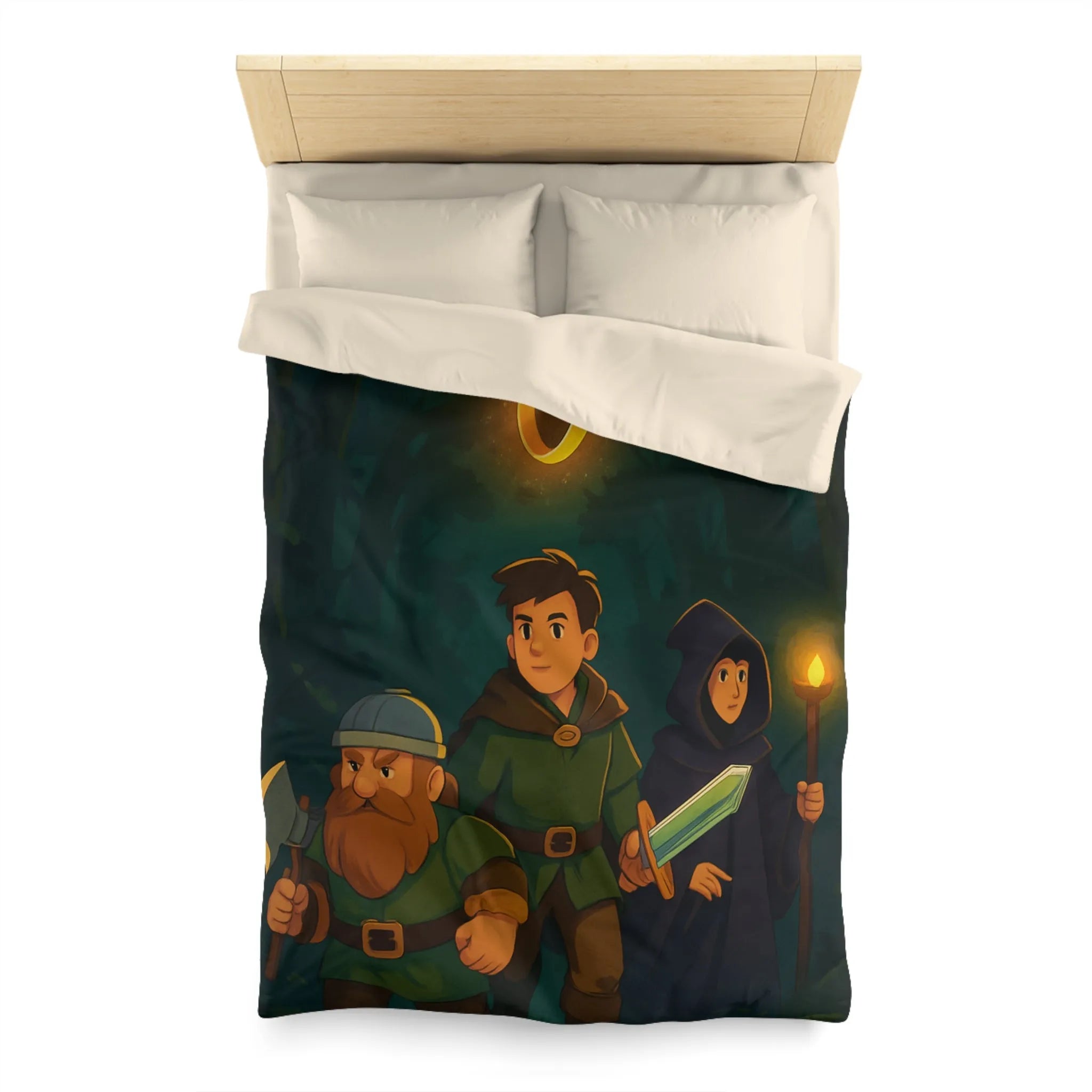 Housse de couette aventure épique forêt pour enfants avec personnages et anneau magique