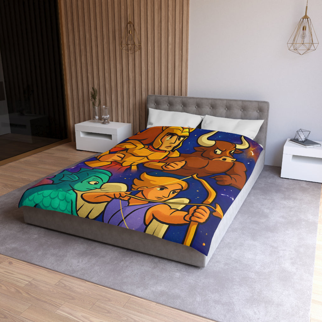 Housse de couette zodiaque illustrée avec chevalier, taureau, ange et créature marine