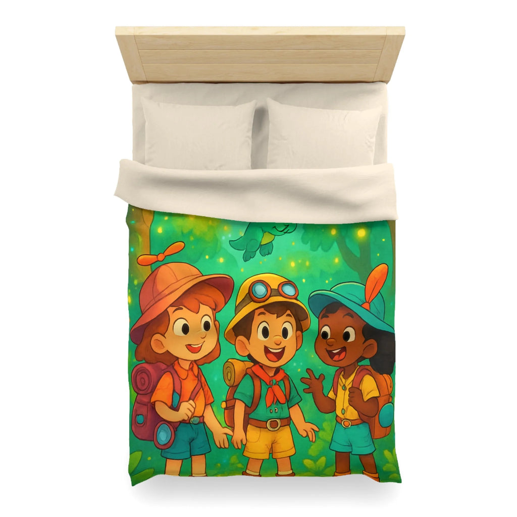 Housse de couette enfants aventure forêt avec dragons et jeunes explorateurs joyeux