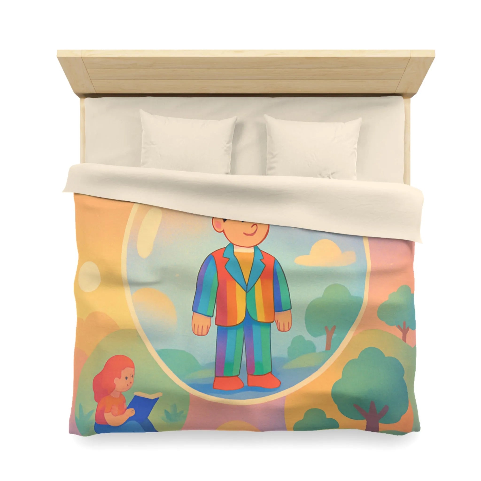 Housse de couette aux motifs rêveurs de personnages dans des bulles colorées et apaisantes