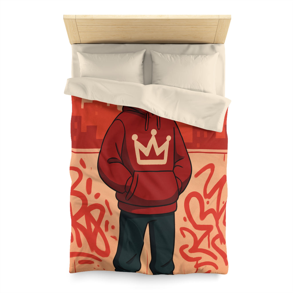 Housse de couette urbaine rouge avec motif couronne et graffiti artistique moderne