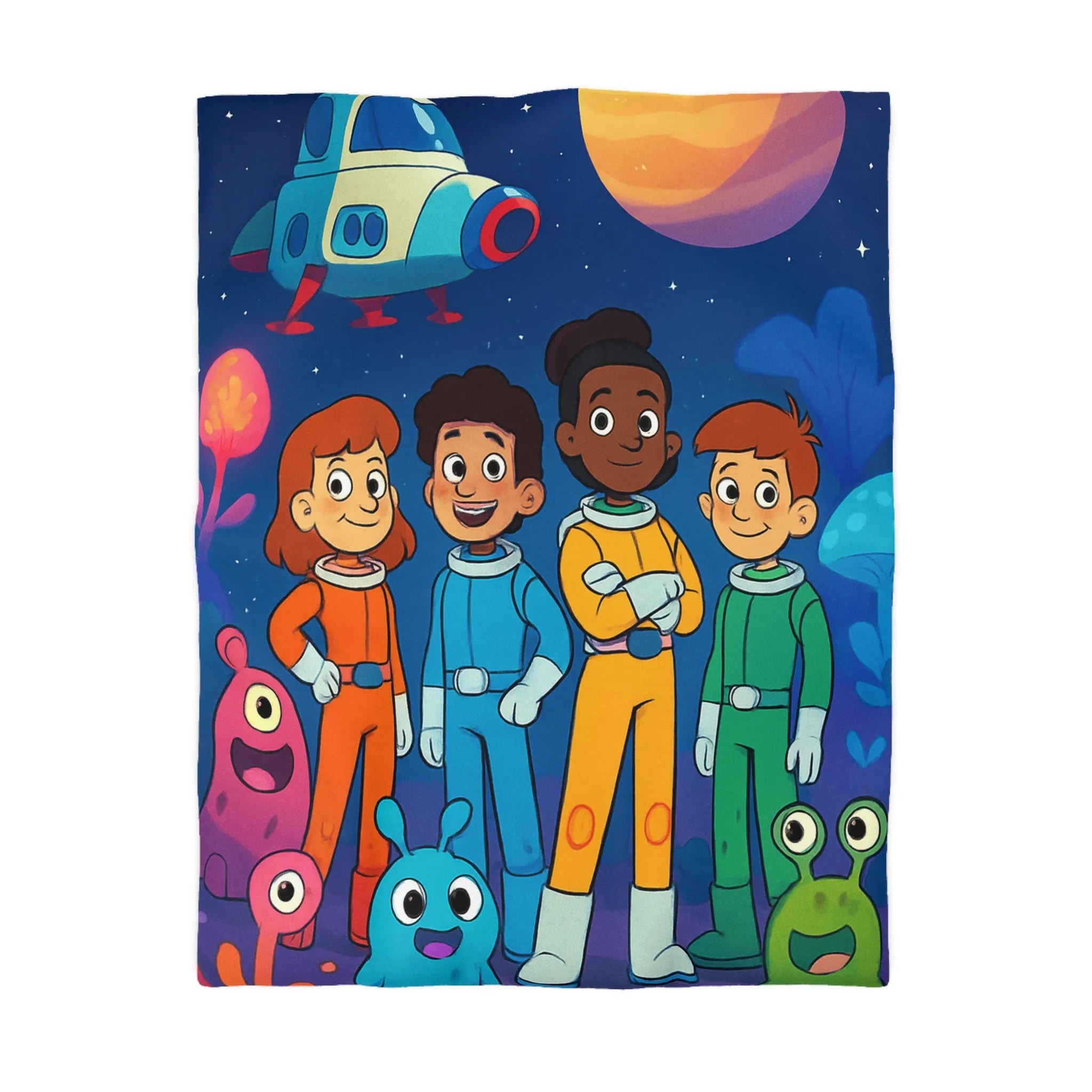 Housse de couette enfant astronaute avec planète, fusée et créatures extraterrestres colorées