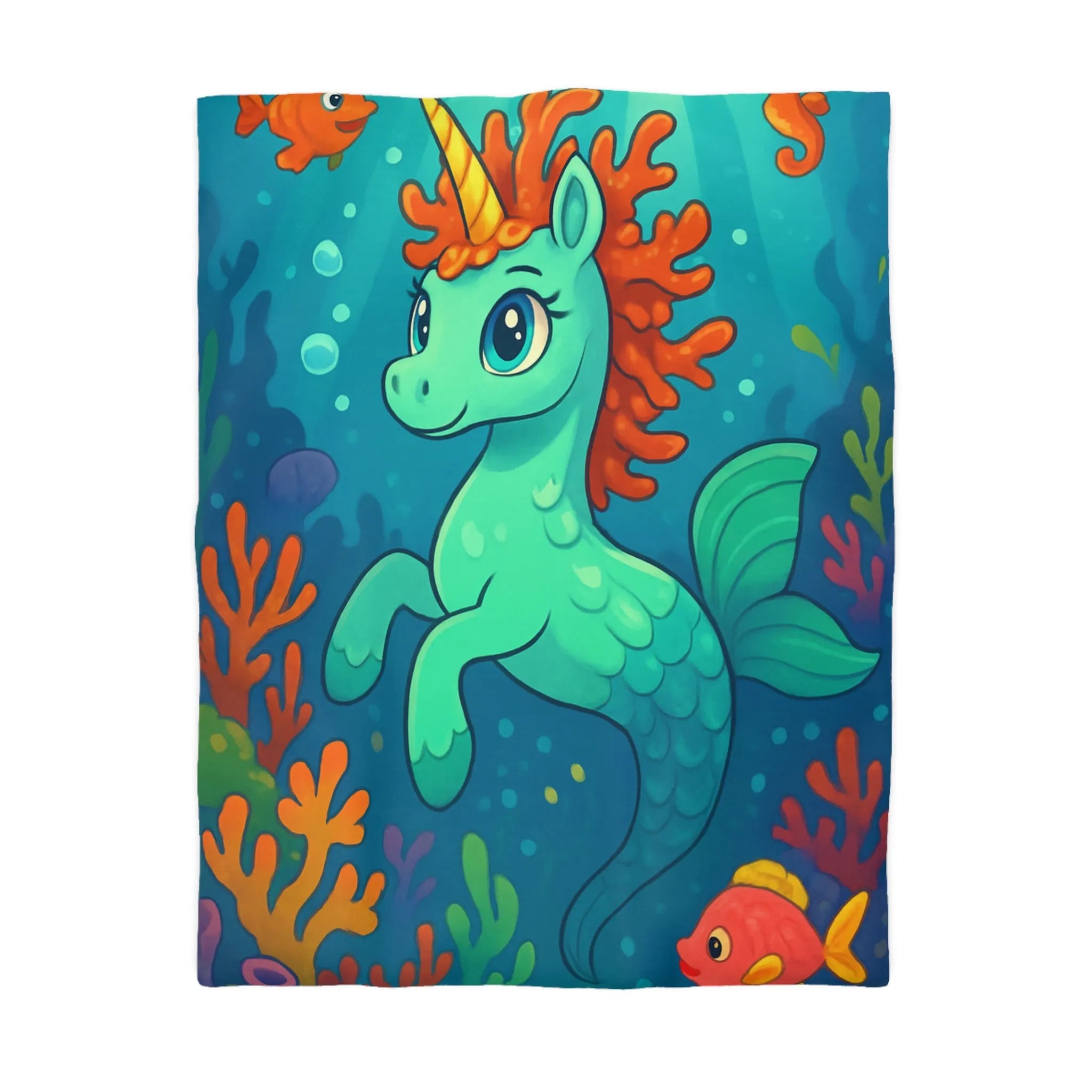 Housse de couette enfant avec licorne aquatique sous-marine, poissons colorés et coraux vifs