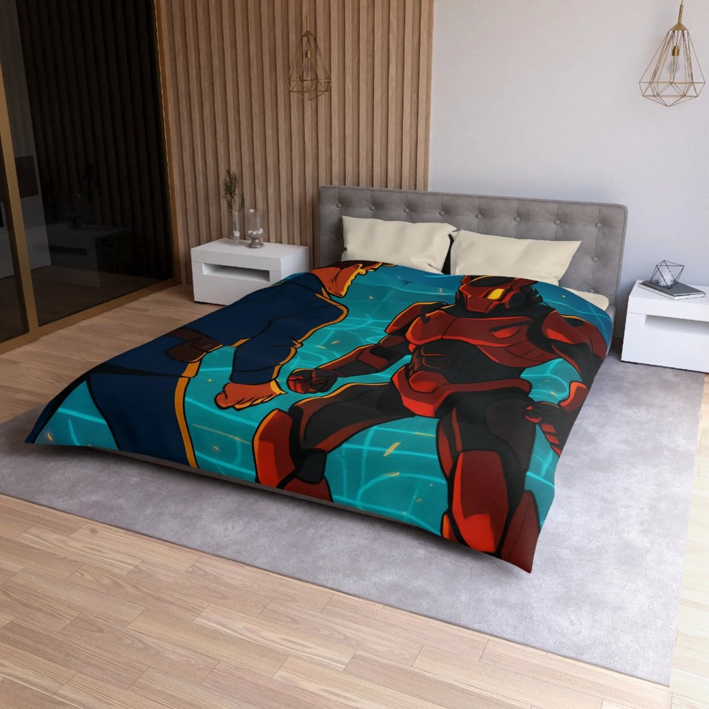 Housse de Couette avec Design Futuriste de Robot et Personnage en Armure Rouge