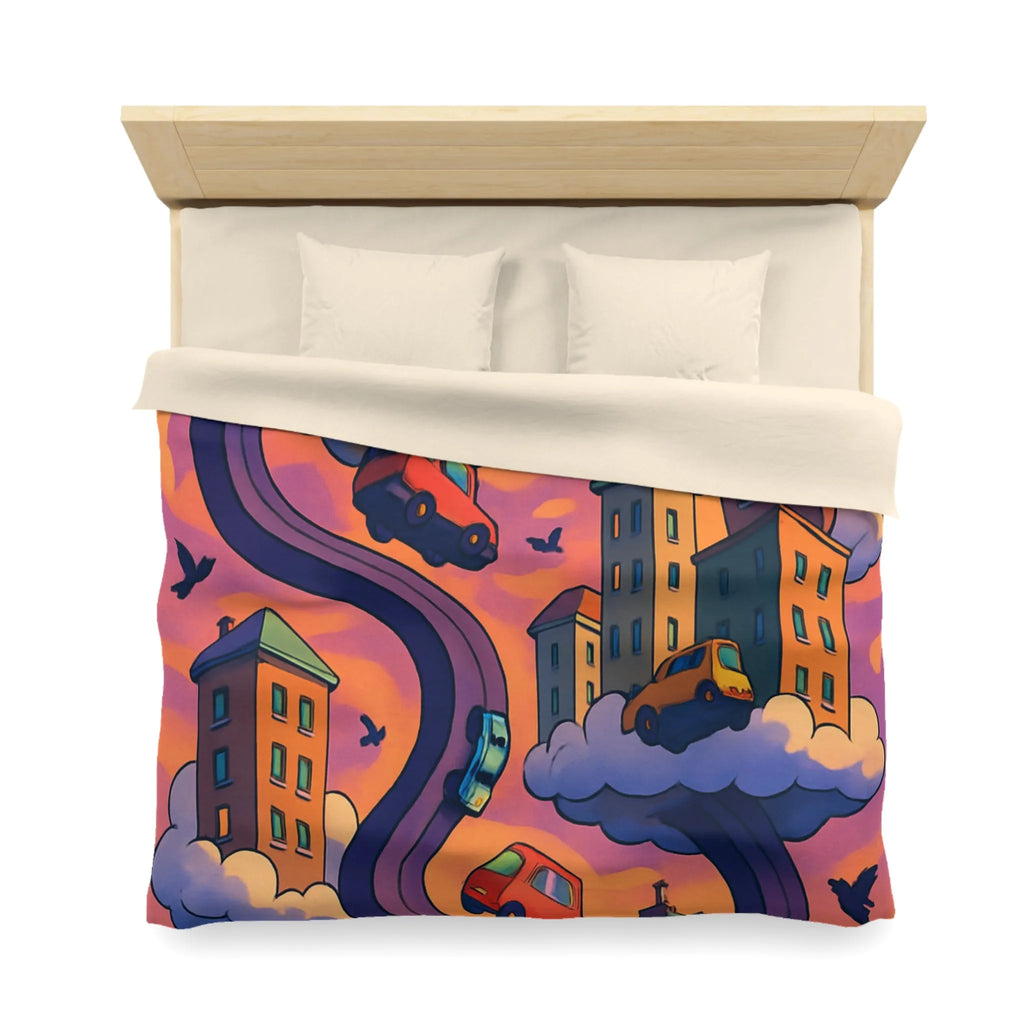 Housse de couette artistique avec voitures volantes et gratte-ciels à l'aube colorée