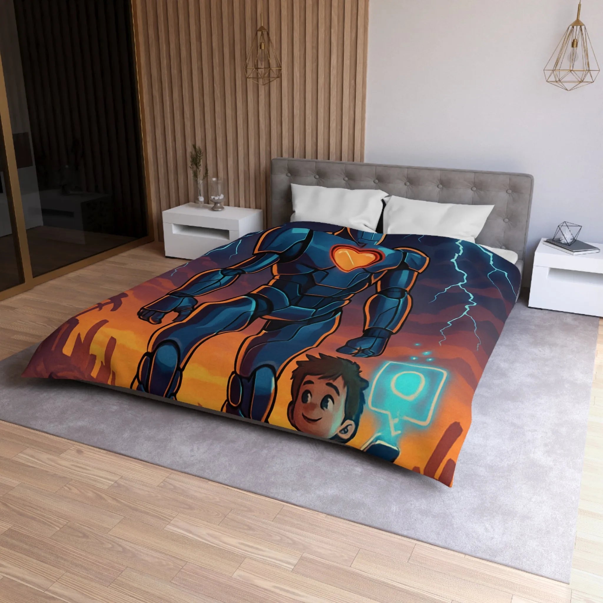Housse de couette illustrée robot et enfant avec cœur lumineux et ciel orageux
