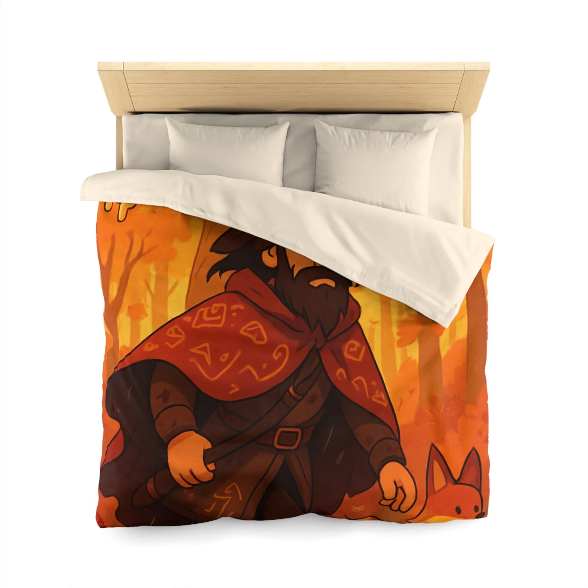 Housse de Couette Artistique avec Forêt Mystique d'Automne, Homme Barbu et Animaux Joyeux