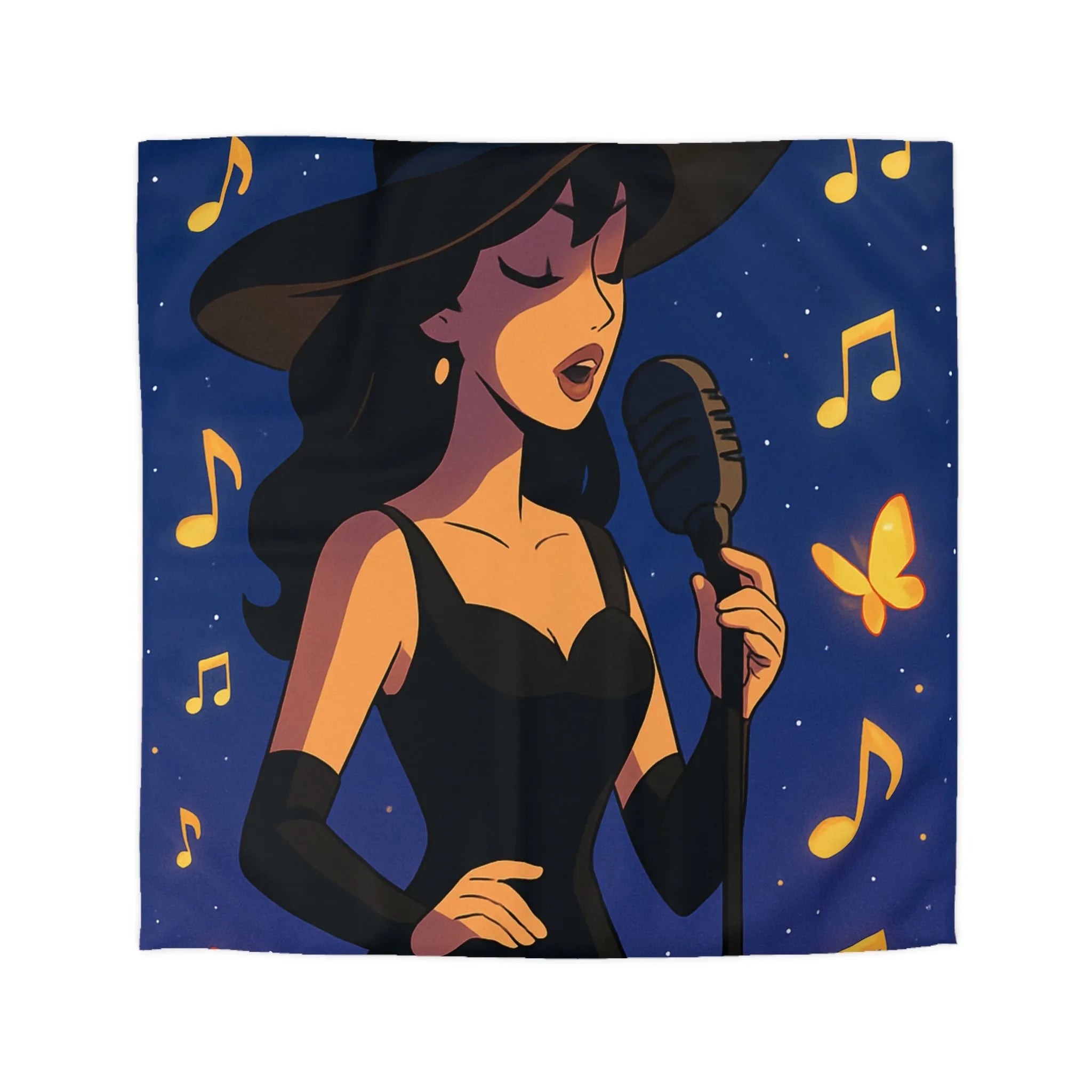 Élégant design musicien nocturne avec notes dorées et papillons sur fond étoilé bleu