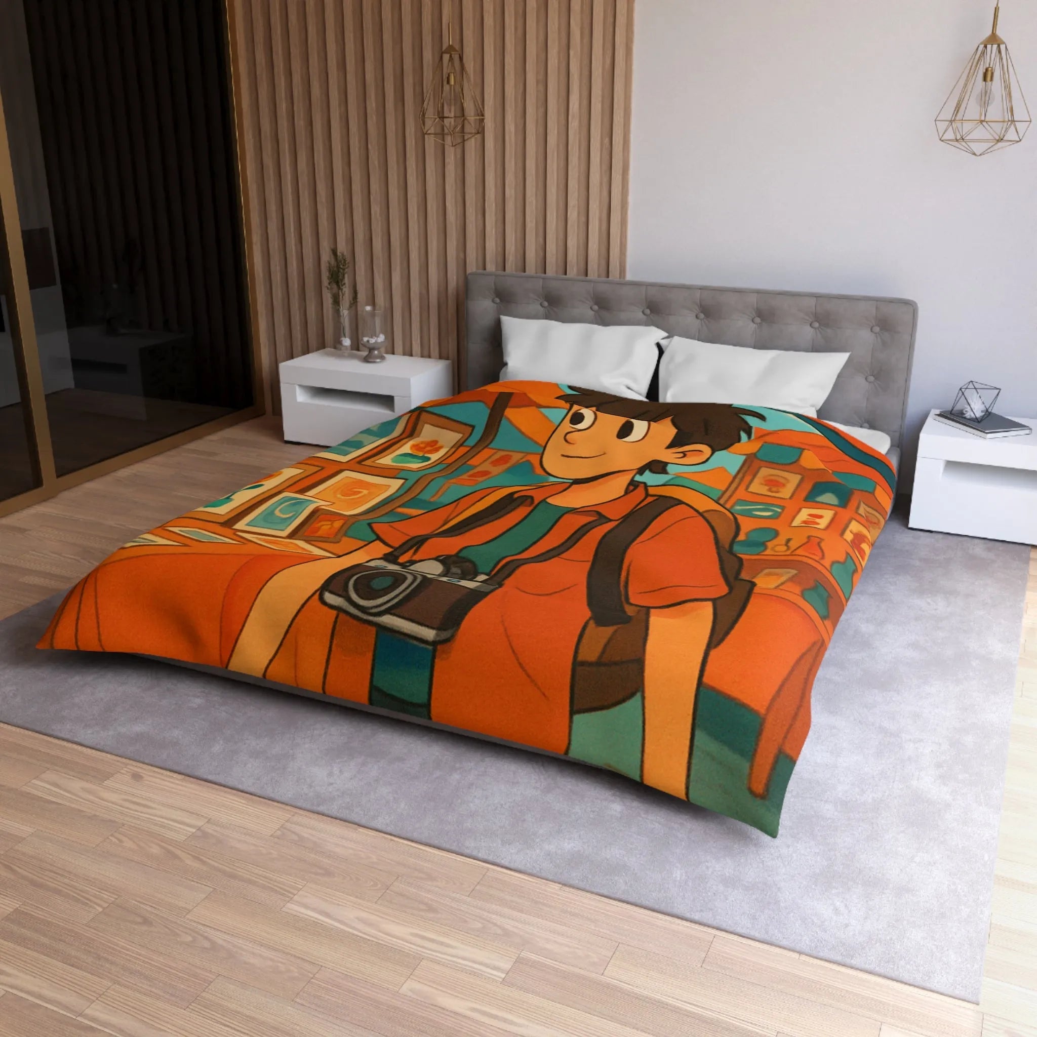 Housse de couette animée avec jeune explorateur et marché aux lanternes colorées