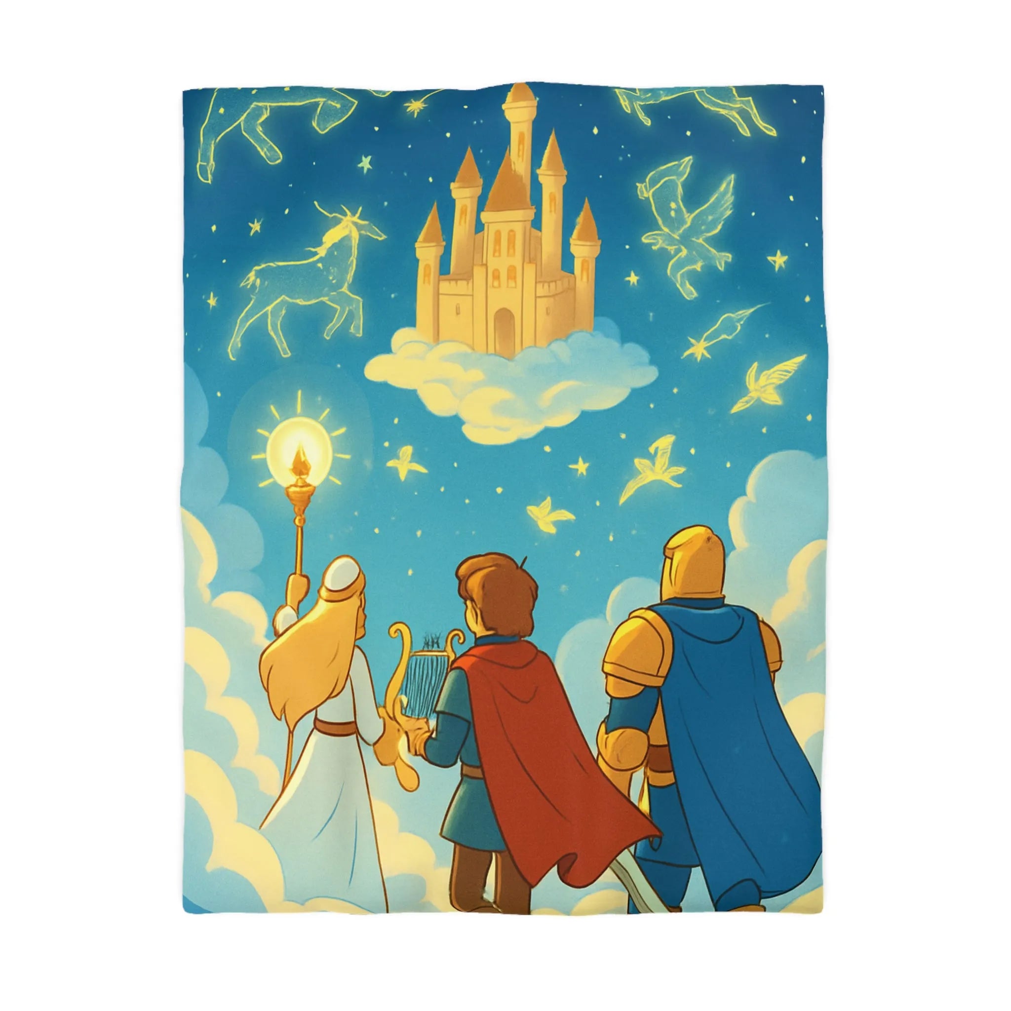 Housse de couette illustrée avec château magique et constellation céleste féerique pour enfants