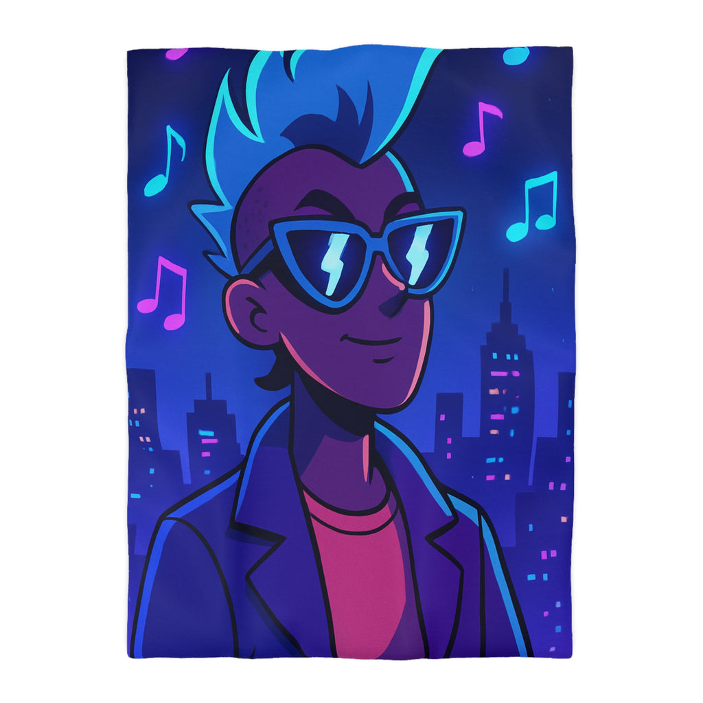 Housse de Couette Personnalisée avec Art de Ville Nocturne et Musicien Stylé Électrique